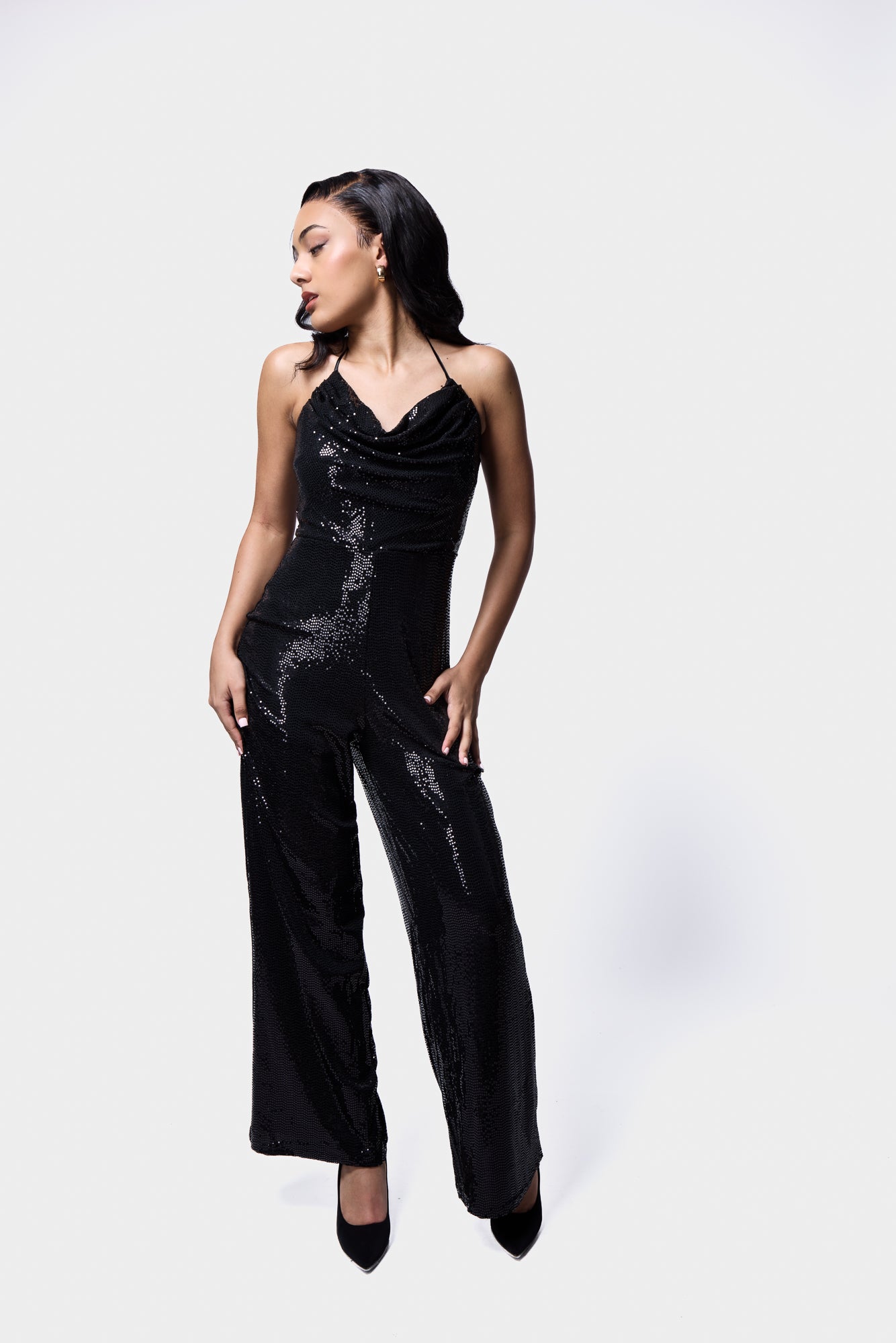BLACK SEQUIN JUMPSUIT COWL NECK