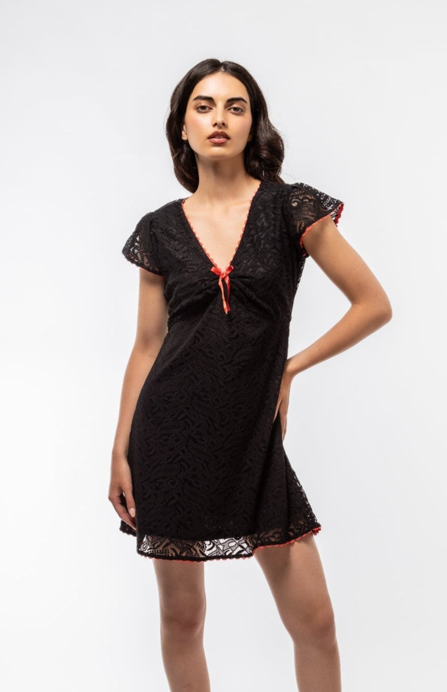 Black Lace Short Sleeve Mini Dress – Front Angle