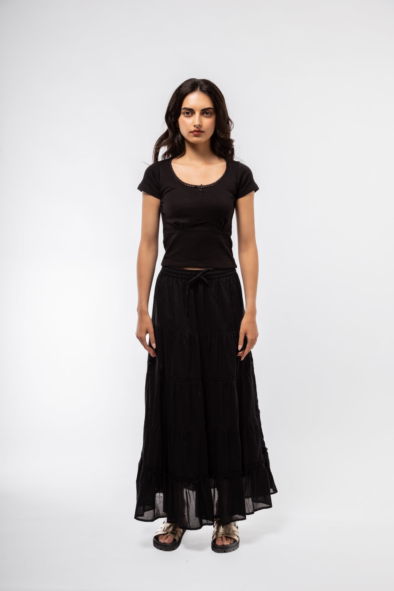 Black boho skirt front shot showcasing tiered layers and lightweight breathable material