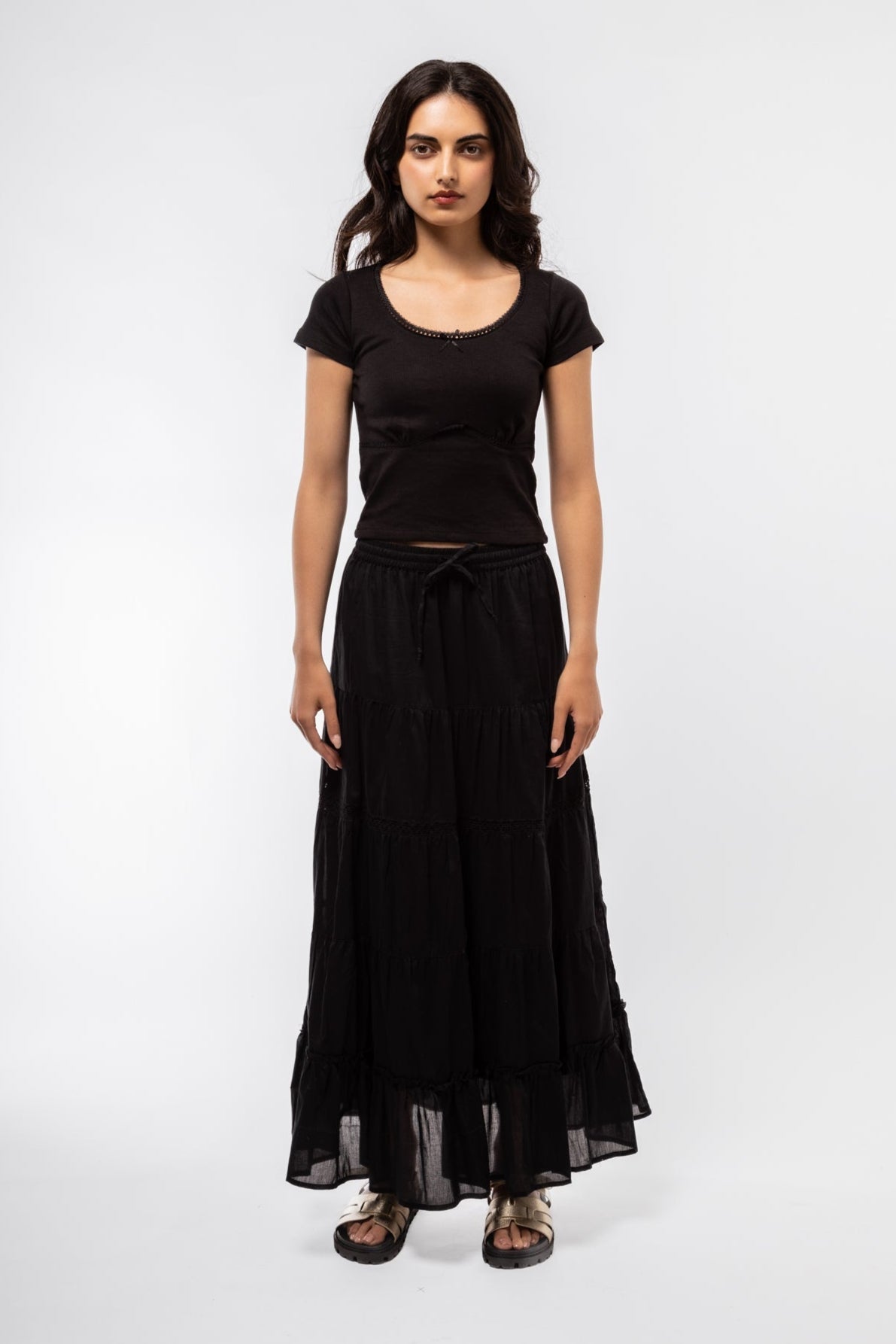 Black lace detail top with scoop neckline and subtle stretch fabric