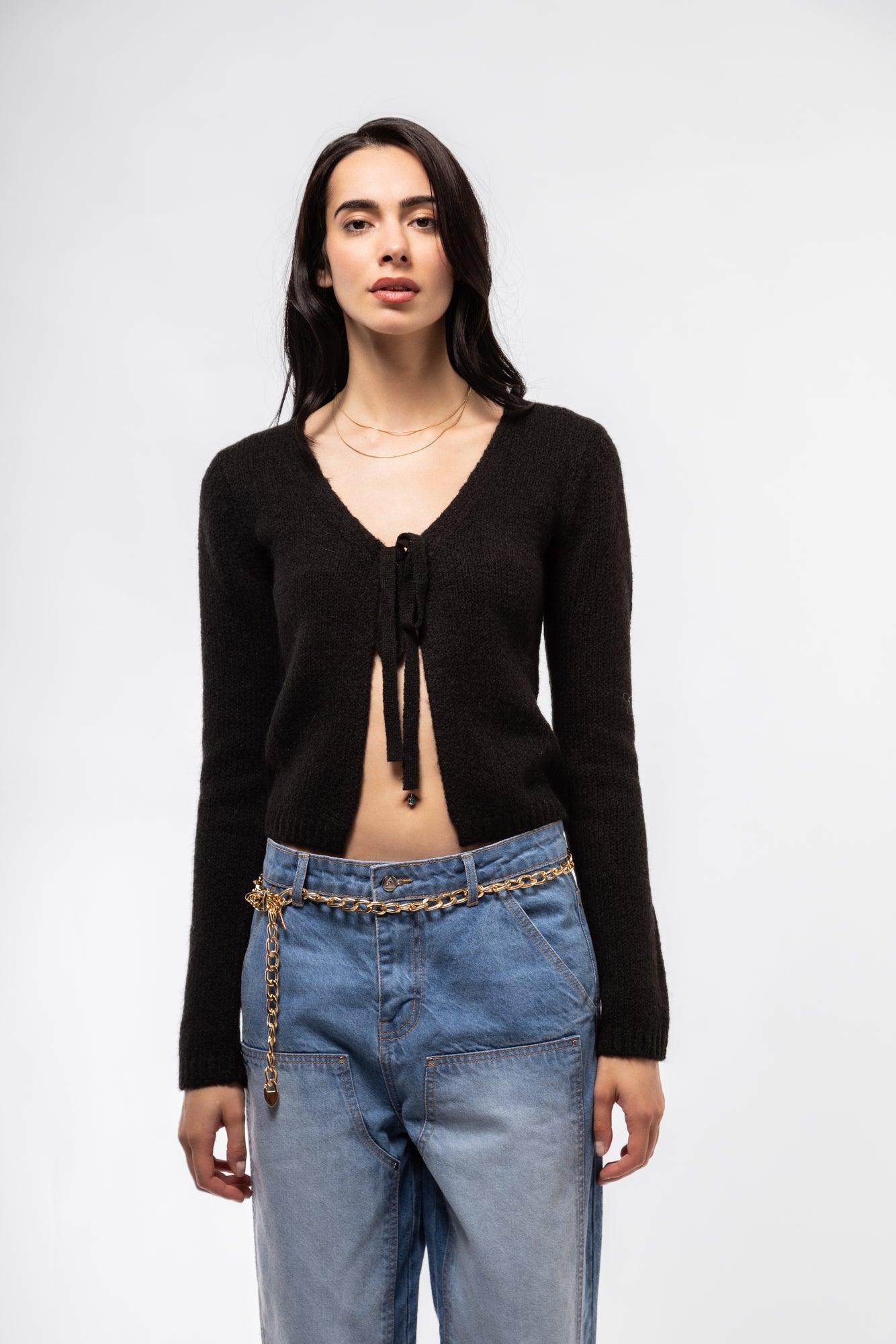 Black long sleeve knit cardigan – soft tie front
