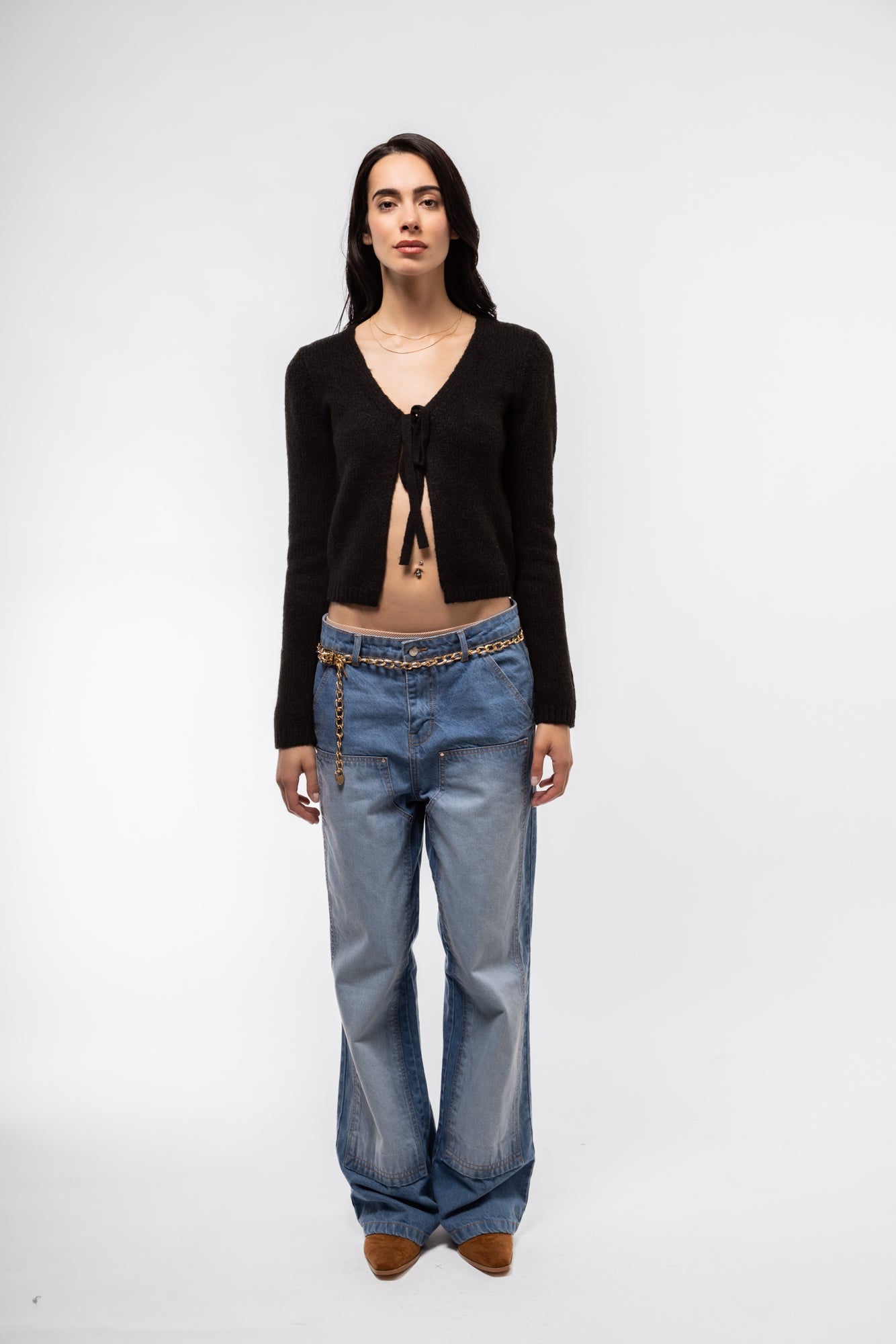 Black open-front knit sweater with tie closure – classic silhouette
