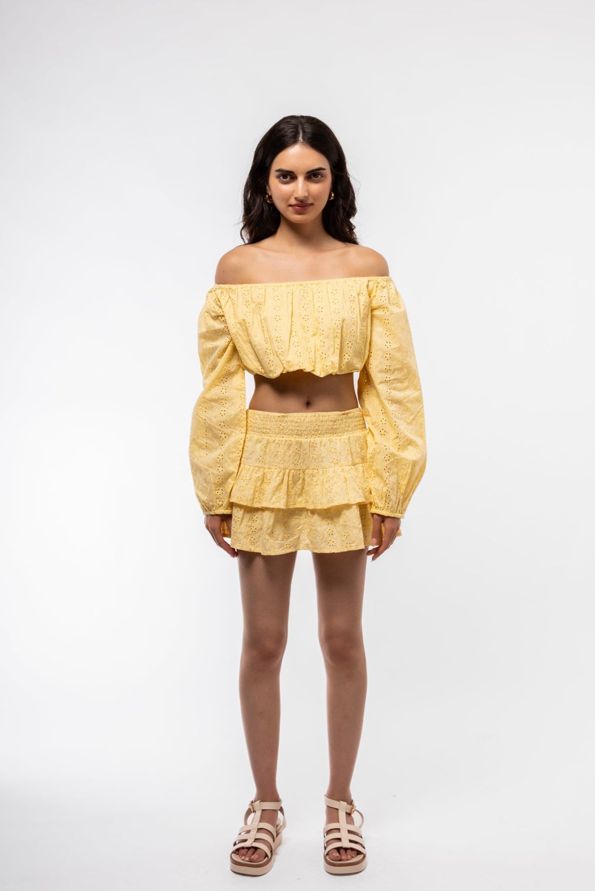 Boho frill skirt with broderie detail – front view