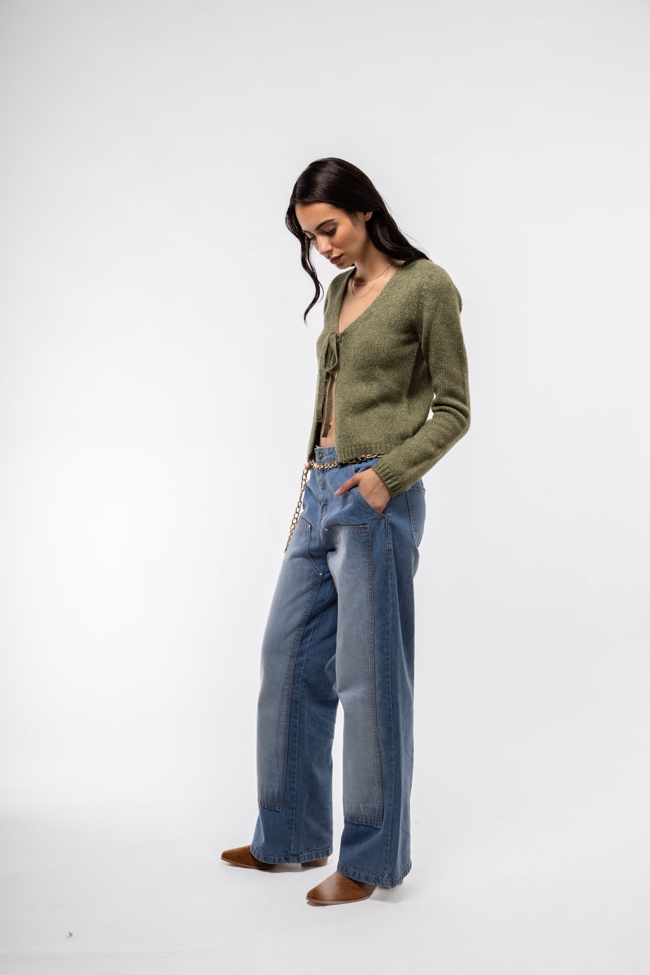 Casual olive tie cardigan – lightweight open front