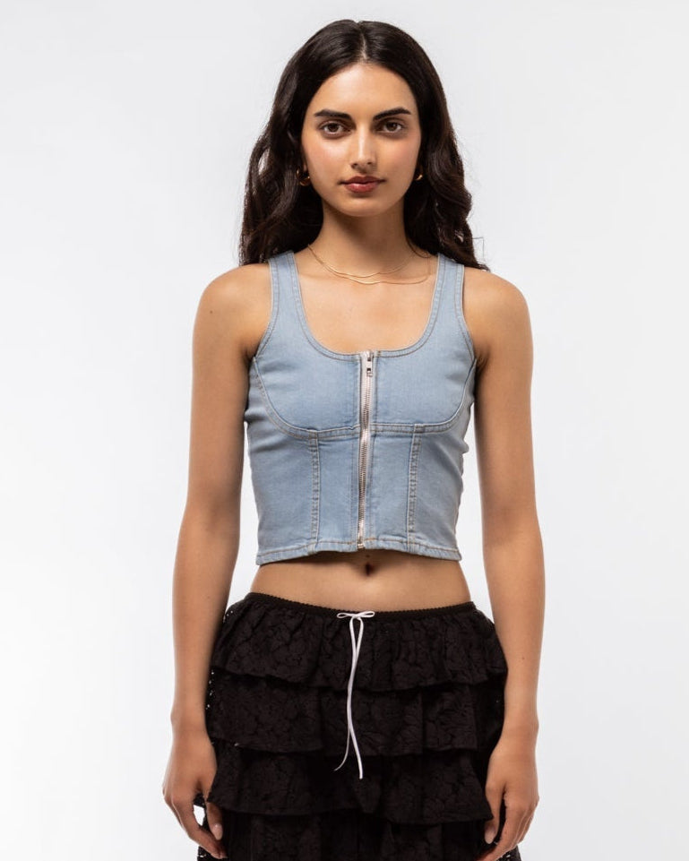 Casual square neck denim zip top front image with clean lines and zipper closure.