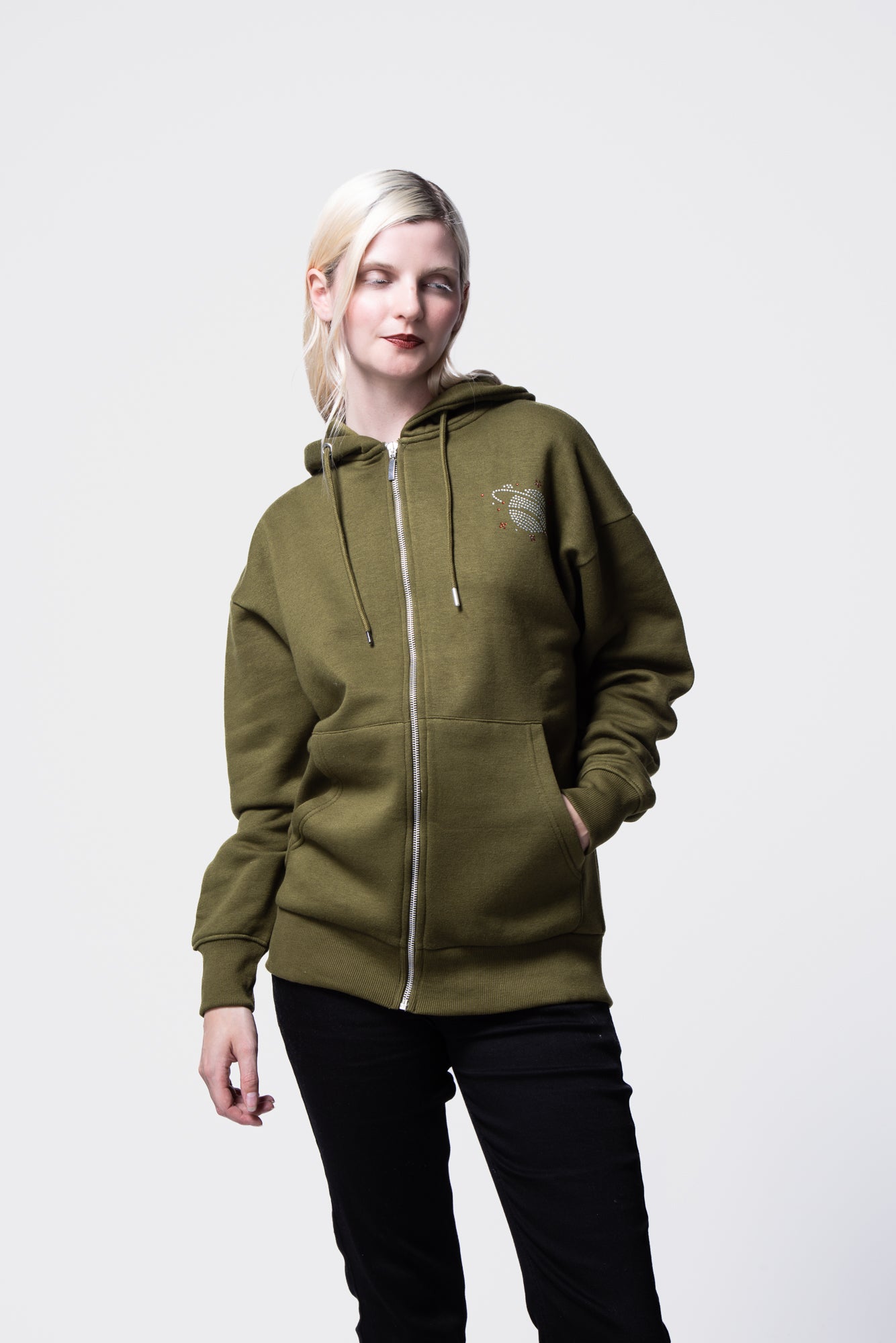 Rhinestone Embellished Long Sleeve Hooded Zip-Up Sweatshirt SILKROAD DAUGHTERS