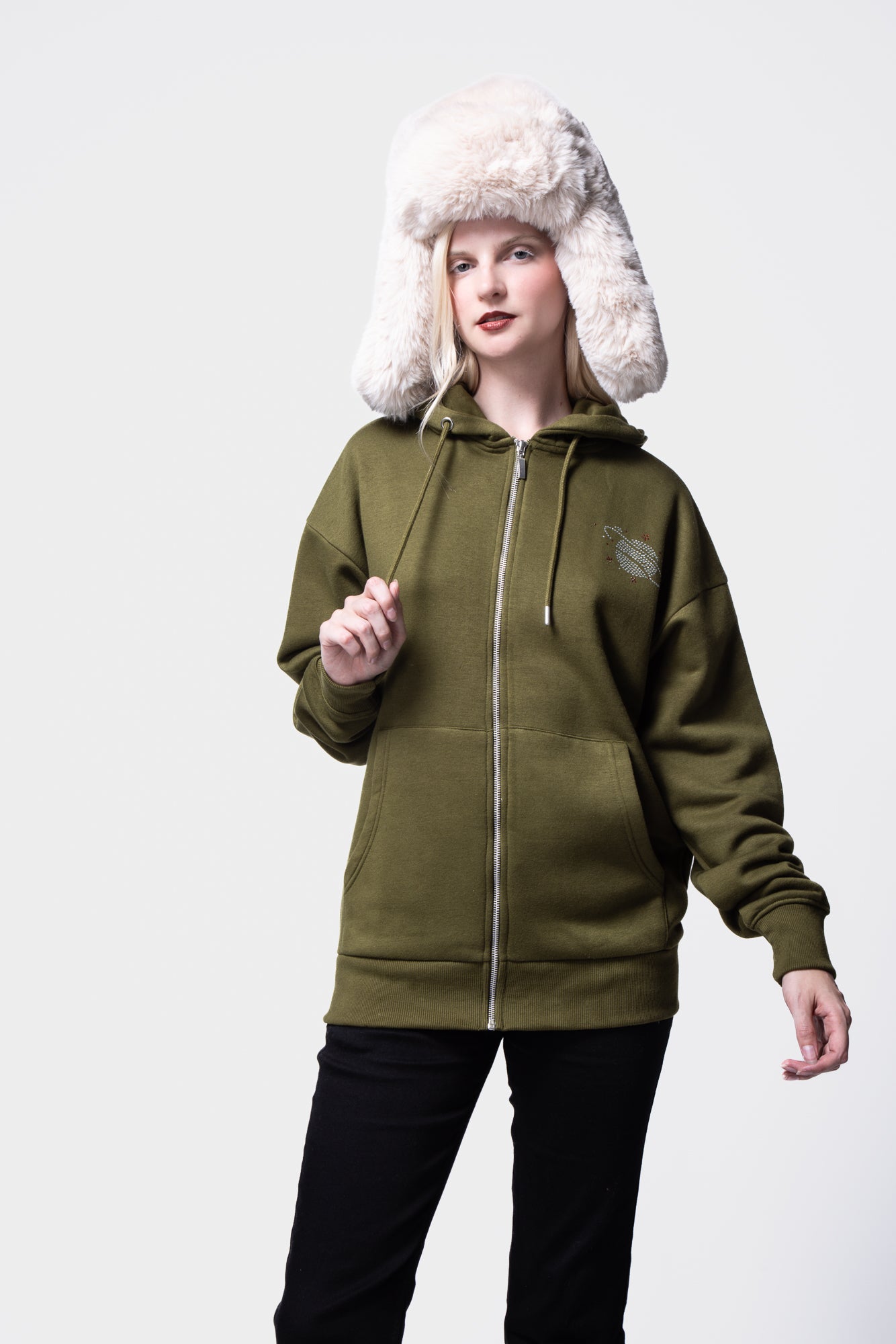 Rhinestone Embellished Long Sleeve Hooded Zip-Up Sweatshirt SILKROAD DAUGHTERS