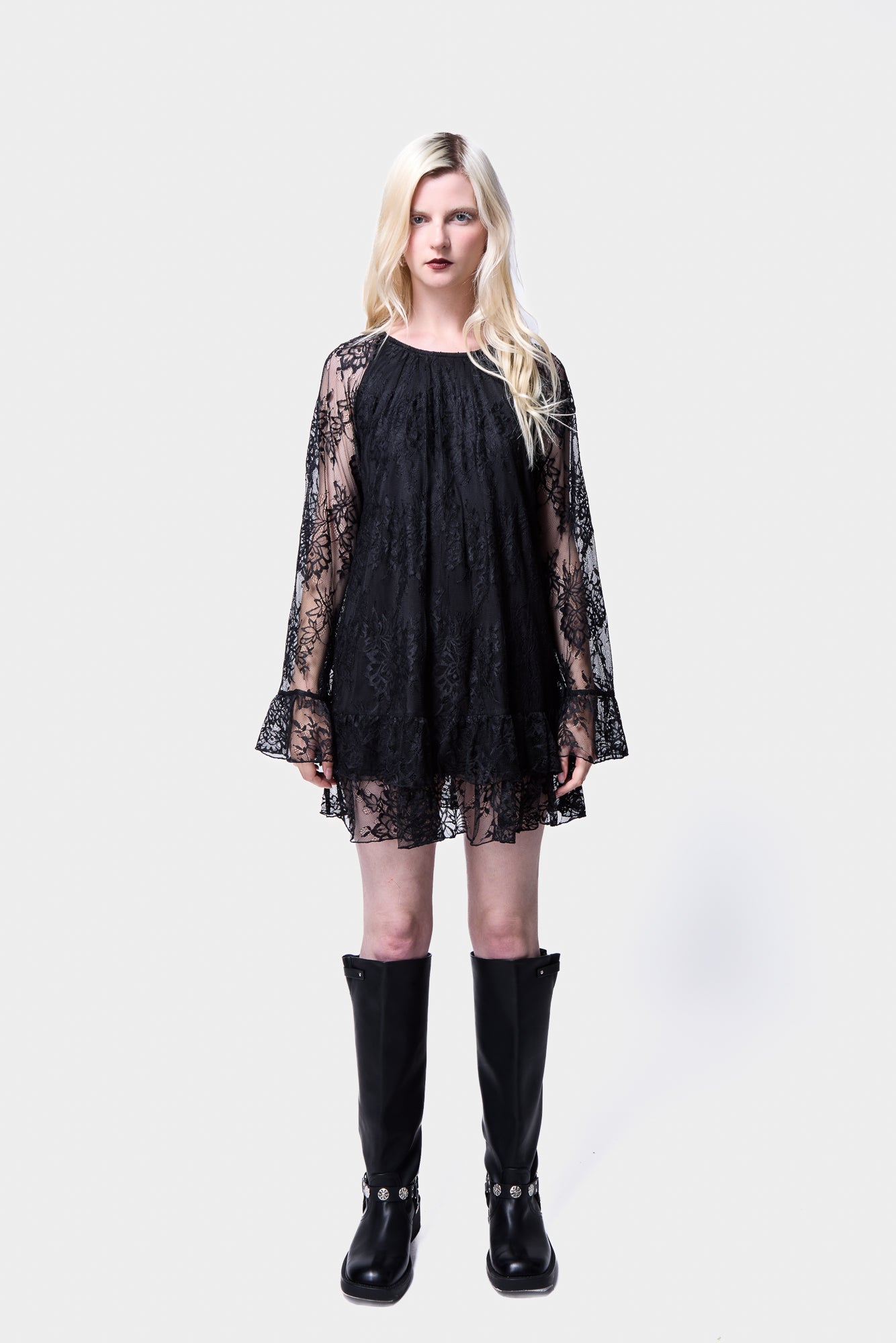 Elegant Black Ruffle Lace Dress – Full View: Front