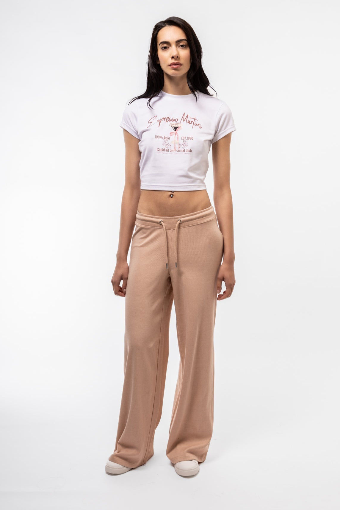 Espresso Martini baby tee front shot showcasing cocktail glass illustration and playful slogan