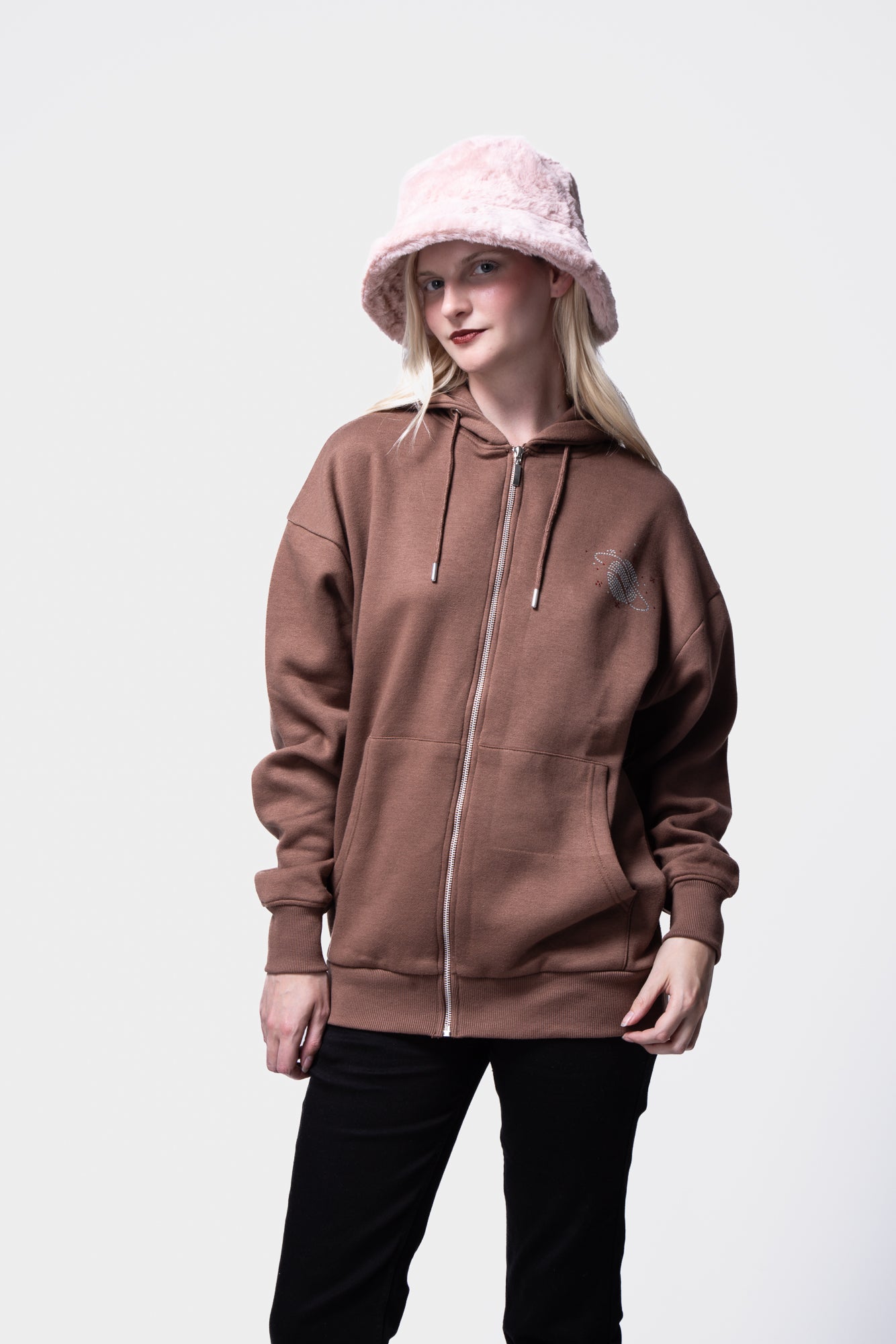 Rhinestone Embellished Long Sleeve Hooded Zip-Up Sweatshirt SILKROAD DAUGHTERS