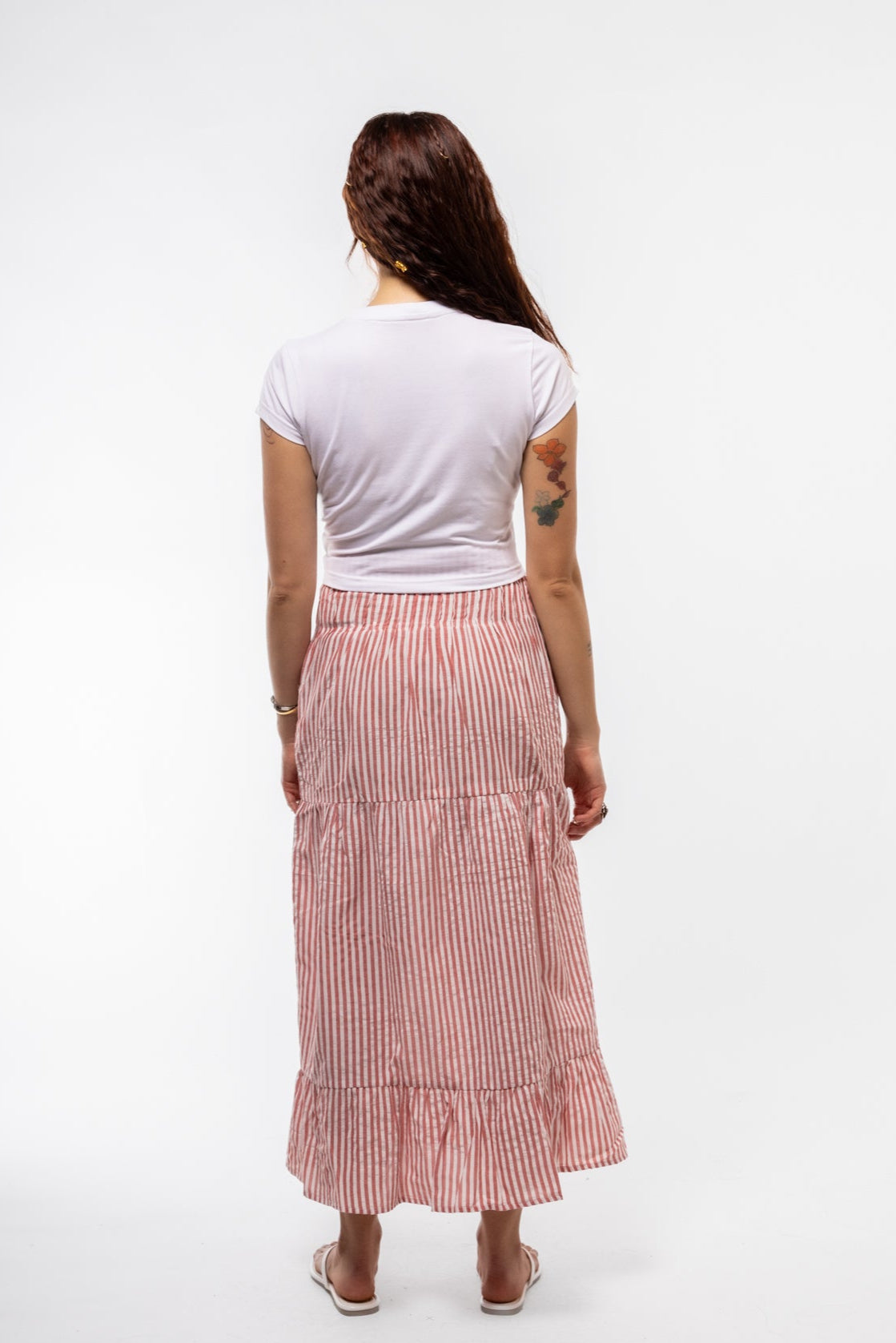 Vertical red stripe midi SKIRT – lightweight and breathable BACK VIEW