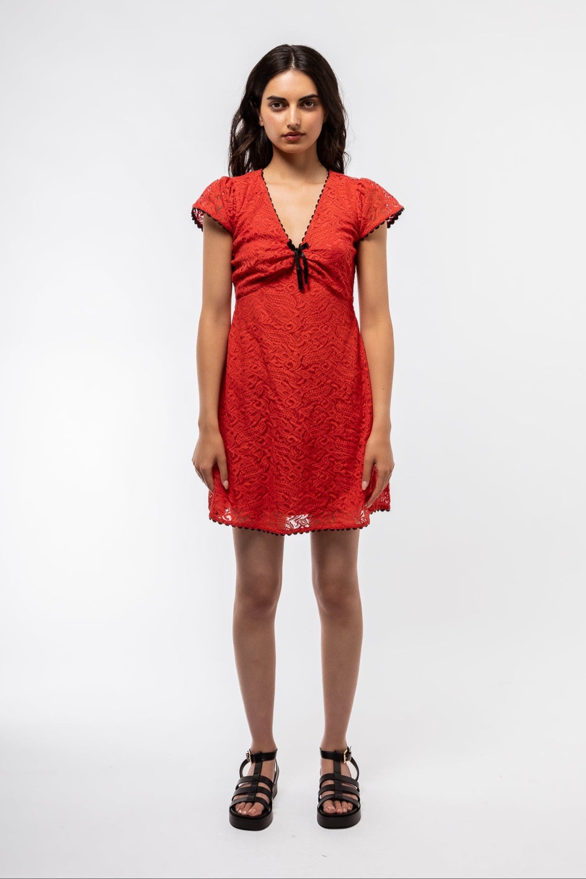 Front view of the red cherry dress lace dress