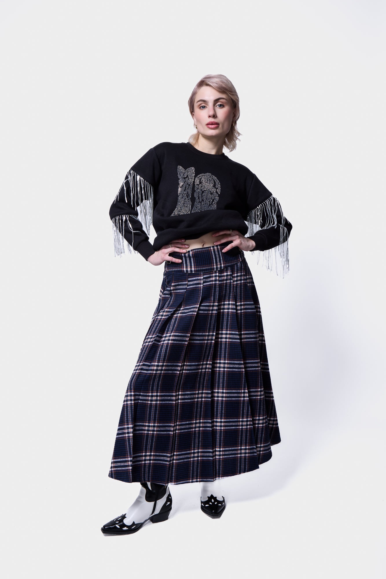 Black white plaid maxi skirt best sale