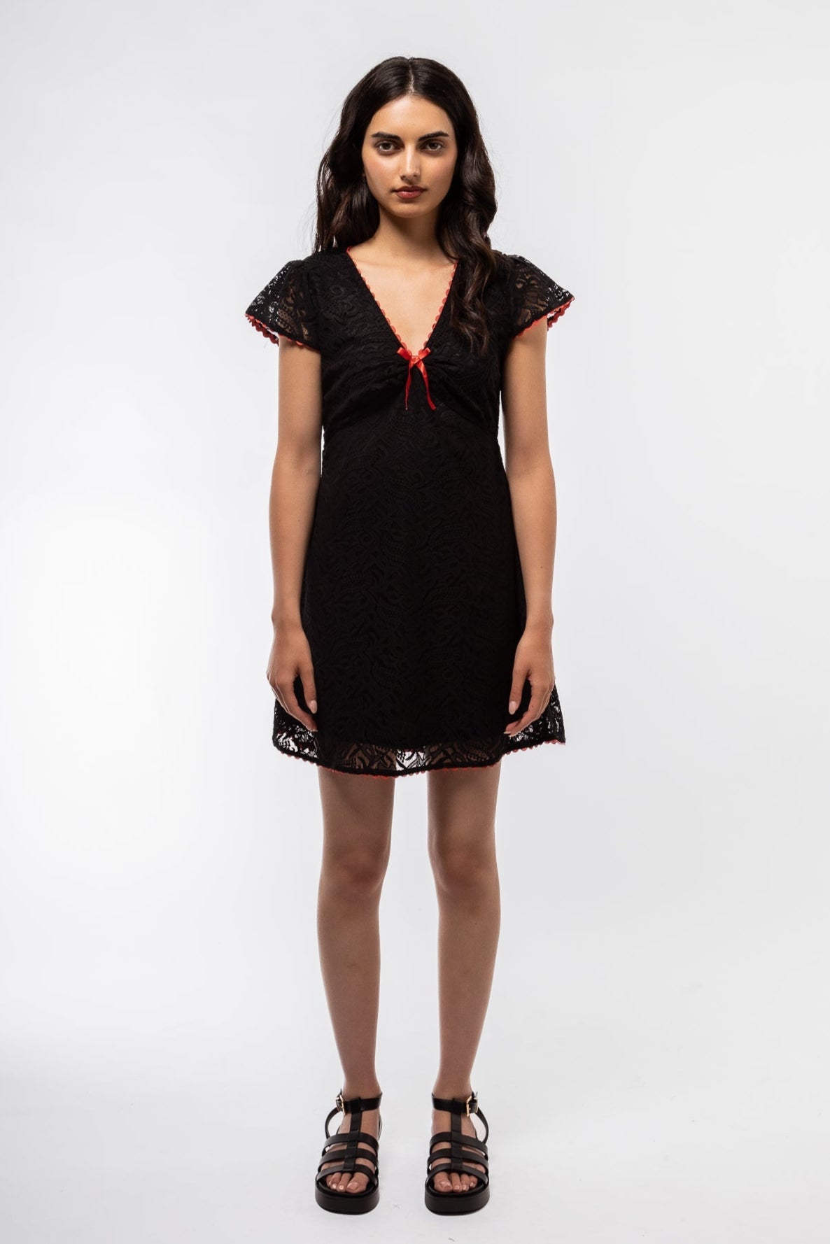 Model  Black Lace Short Sleeve Mini Dress – Front Angle