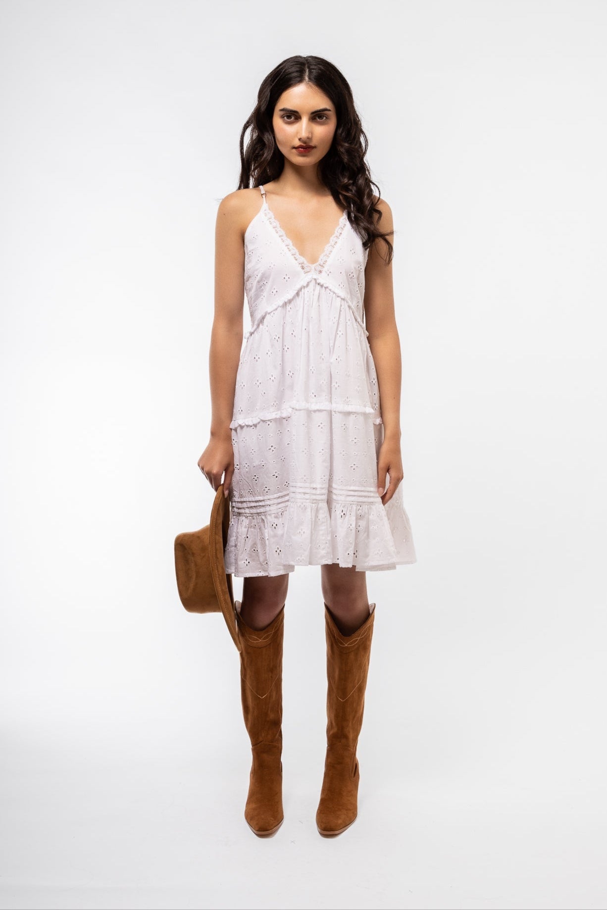 Front Image of Tiered Eyelet Dress with Flounce Hem