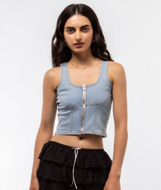 Stylish square neckline denim zip top front shot in medium wash denim fabric.