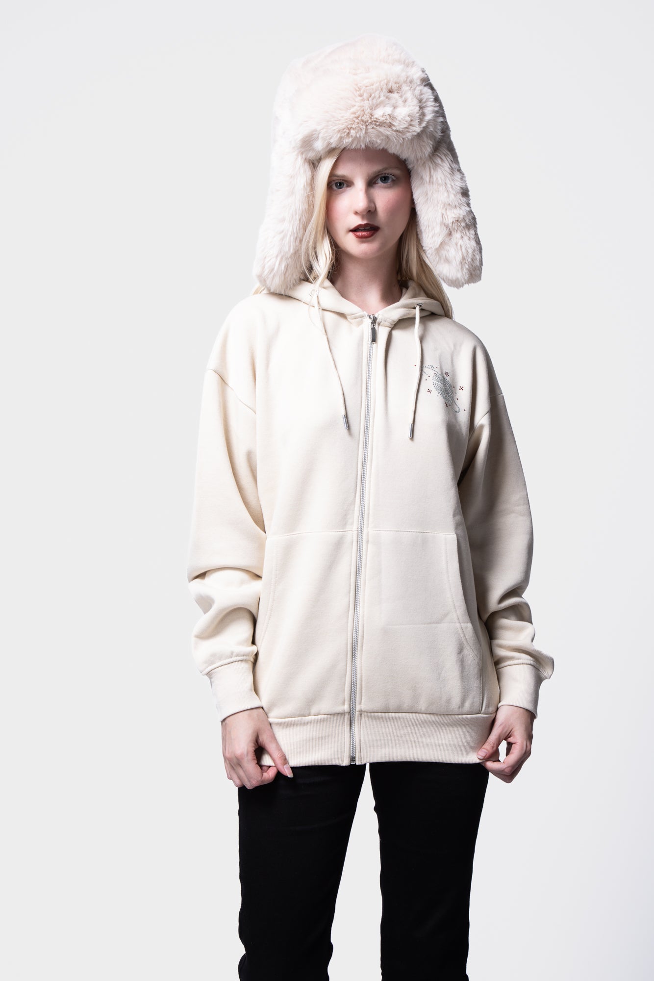 Rhinestone Embellished Long Sleeve Hooded Zip-Up Sweatshirt SILKROAD DAUGHTERS