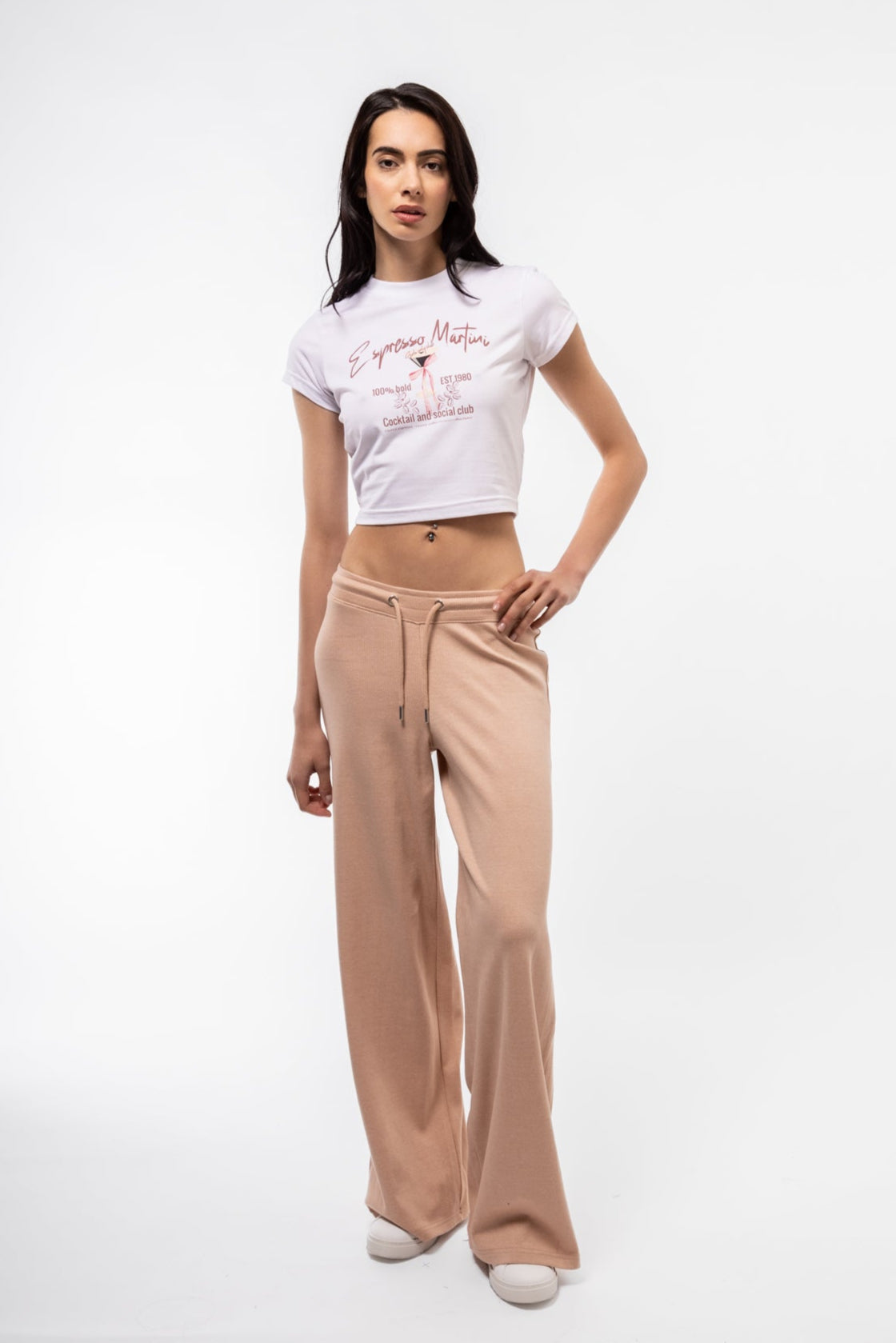 Front view of Espresso Martini baby tee featuring bold graphic and fitted cropped silhouette