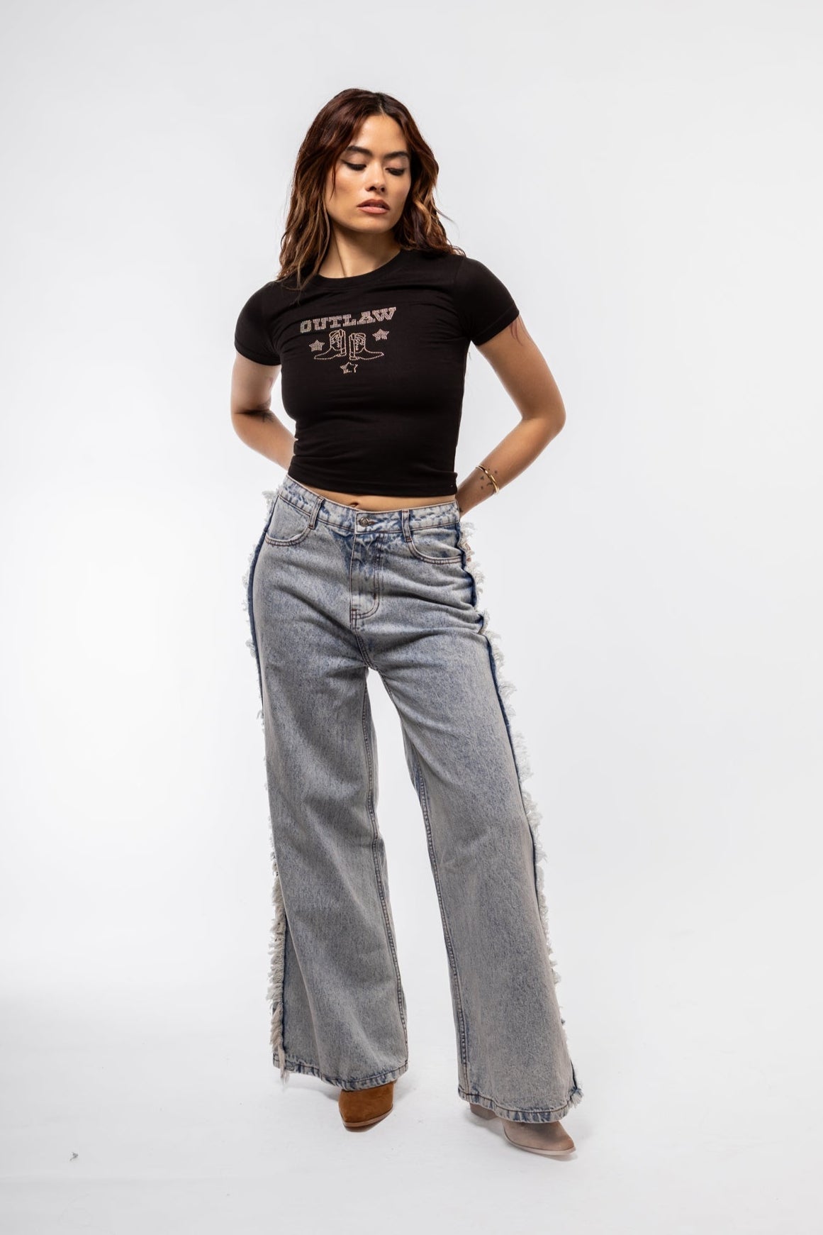 Outlaw rhinestone tee front shot showcasing glittering Western-inspired design and classic crewneck fit