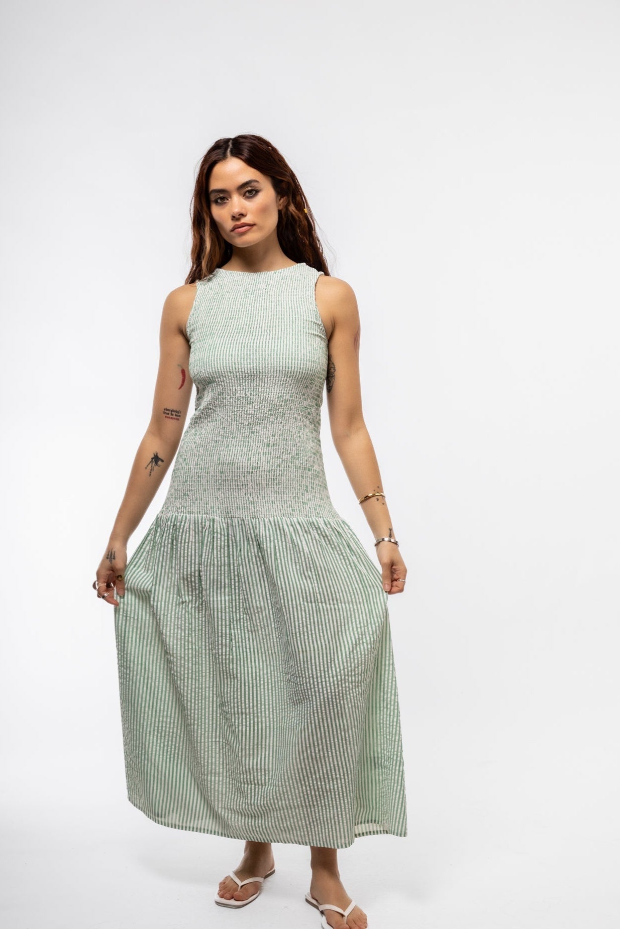 Pastel green drop waist dress with shirred top – feminine style