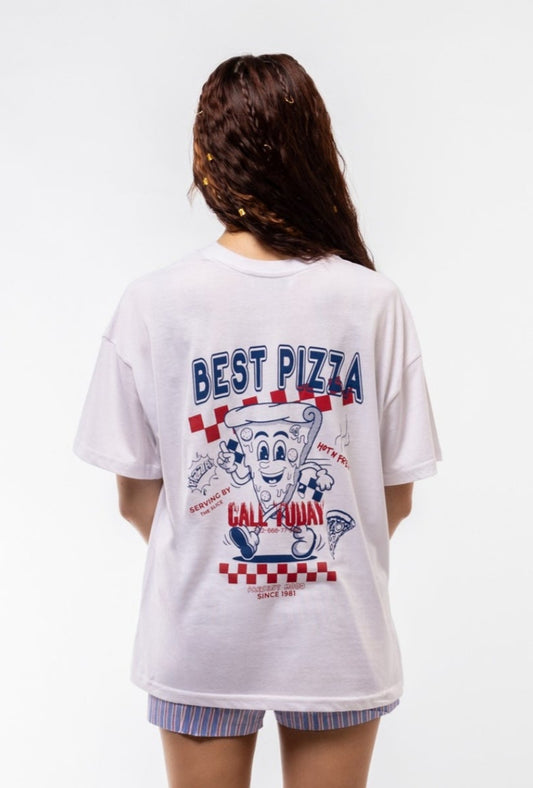 Rear image of oversized tee showcasing statement back print with pizza artwork and vibrant colors