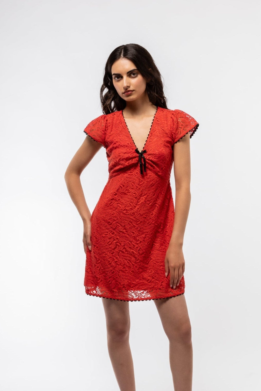 Red Lace Mini Dress with Bow – Front View