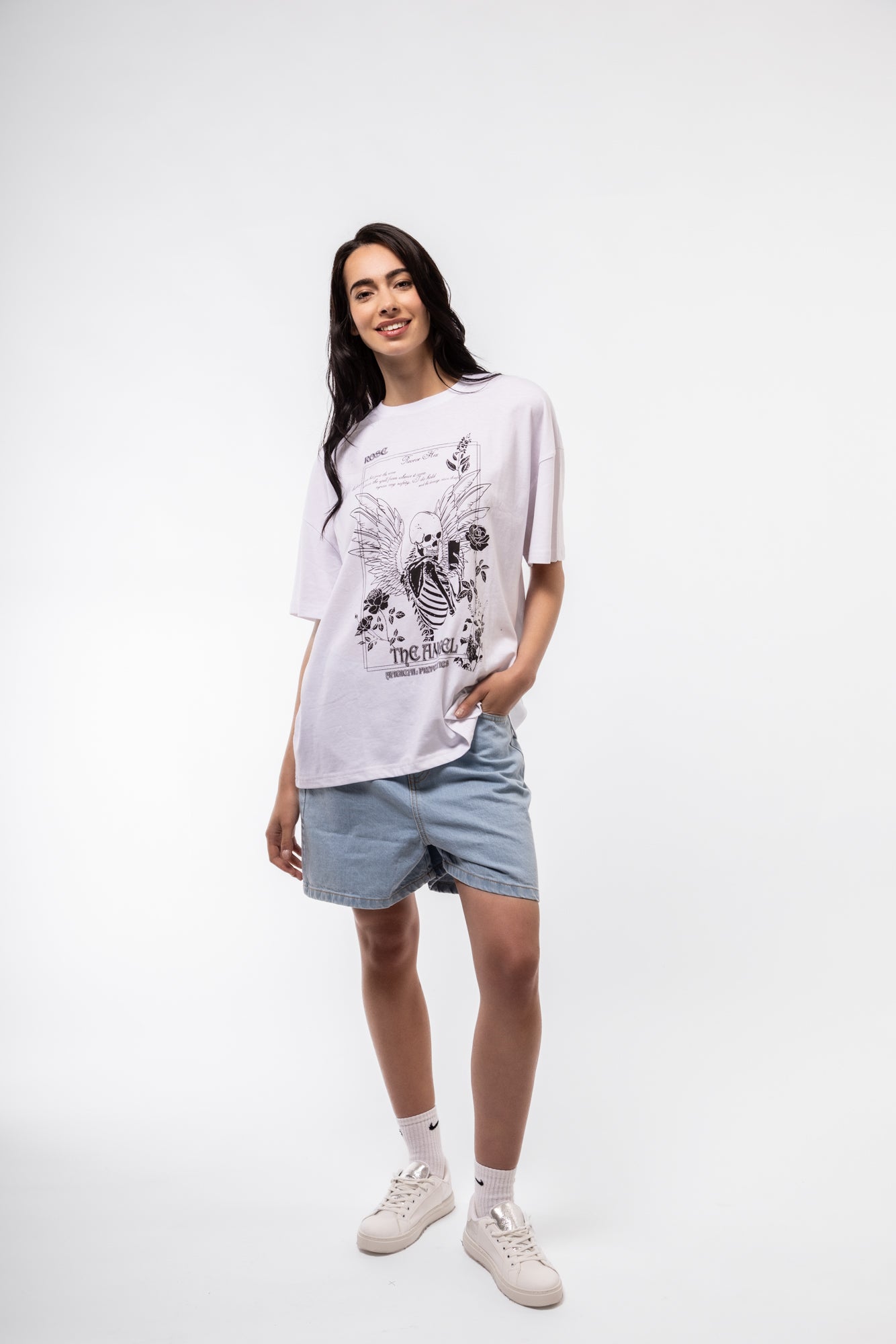 Relaxed Denim Shorts front shot showcasing button closure and five-pocket design