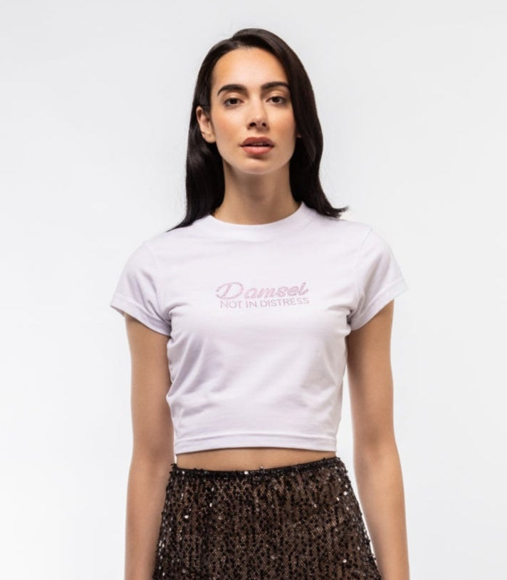 Rhinestone graphic tee front shot showcasing bold empowering message in shimmering rhinestones