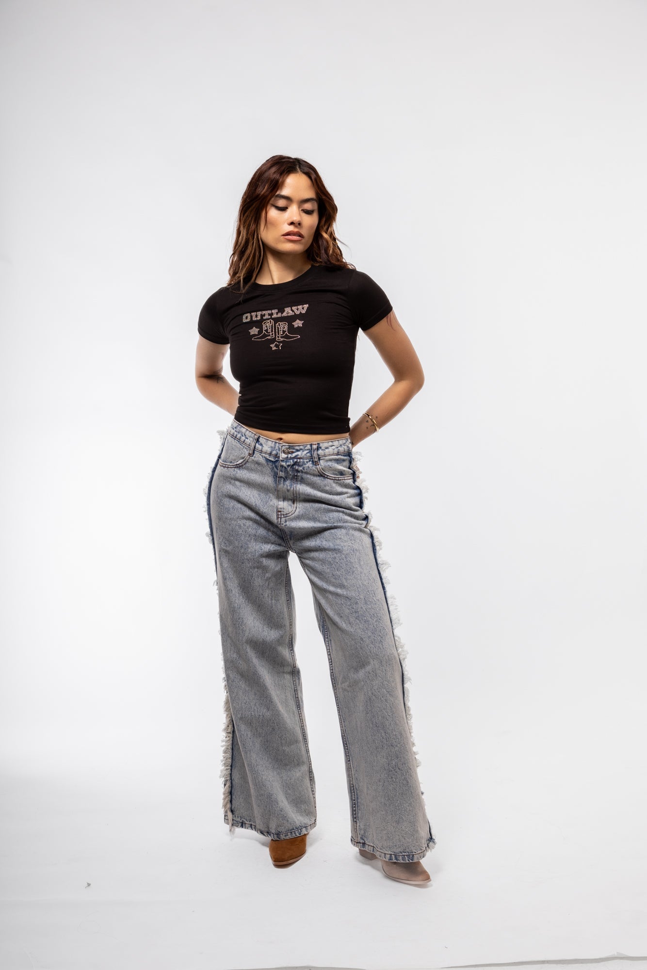 DENIM FRINGE WIDE LEG JEANS SILKROAD DAUGHTERS