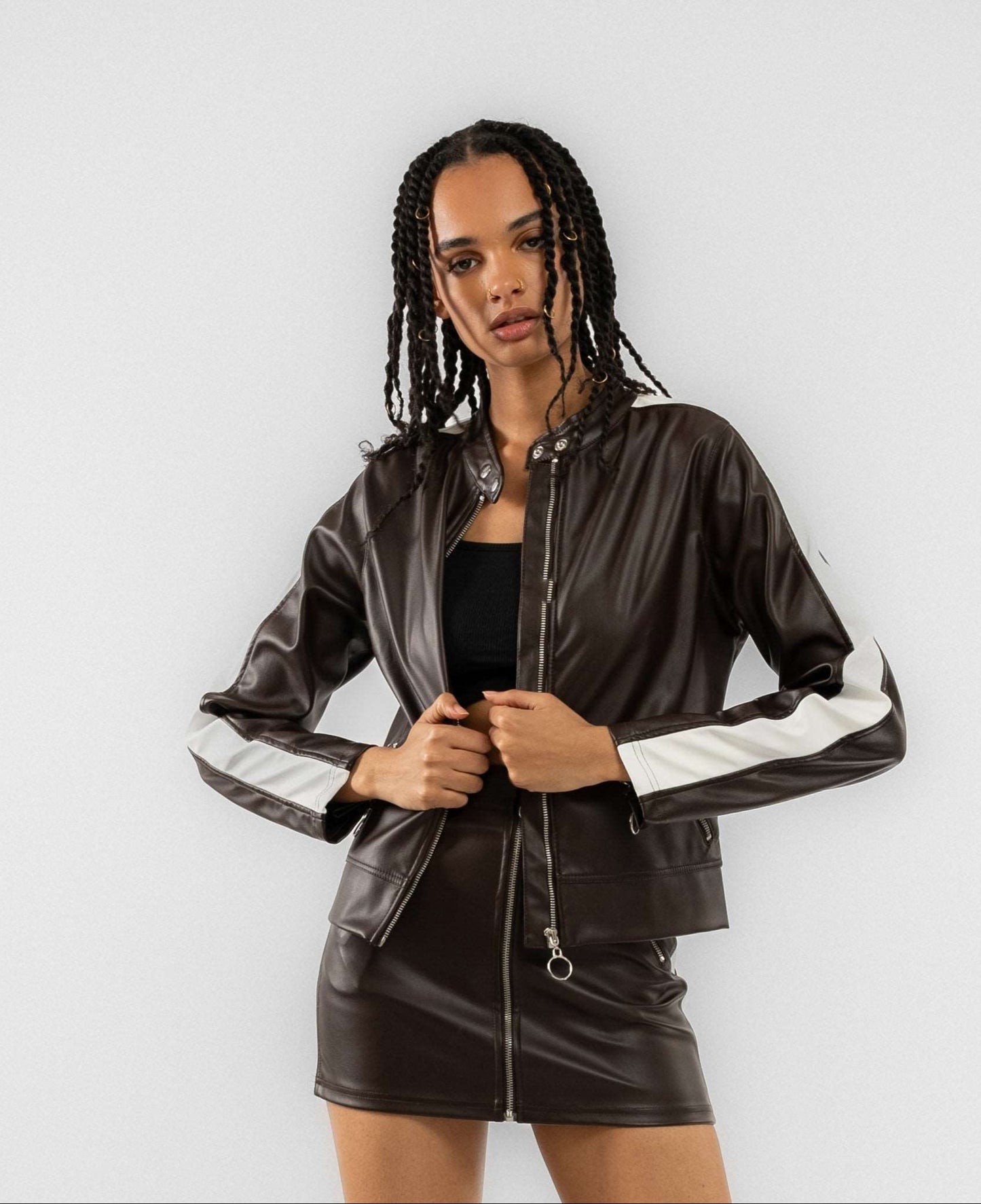 Contrast Motocross Faux Leather with Zip Mini Skirt SILKROAD DAUGHTERS