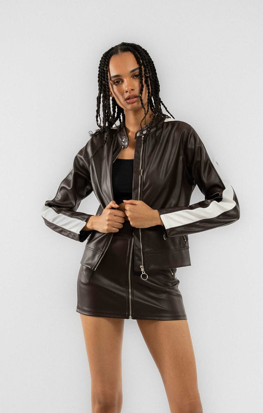 Contrast Motocross Faux Leather with Zip Mini Skirt SILKROAD DAUGHTERS