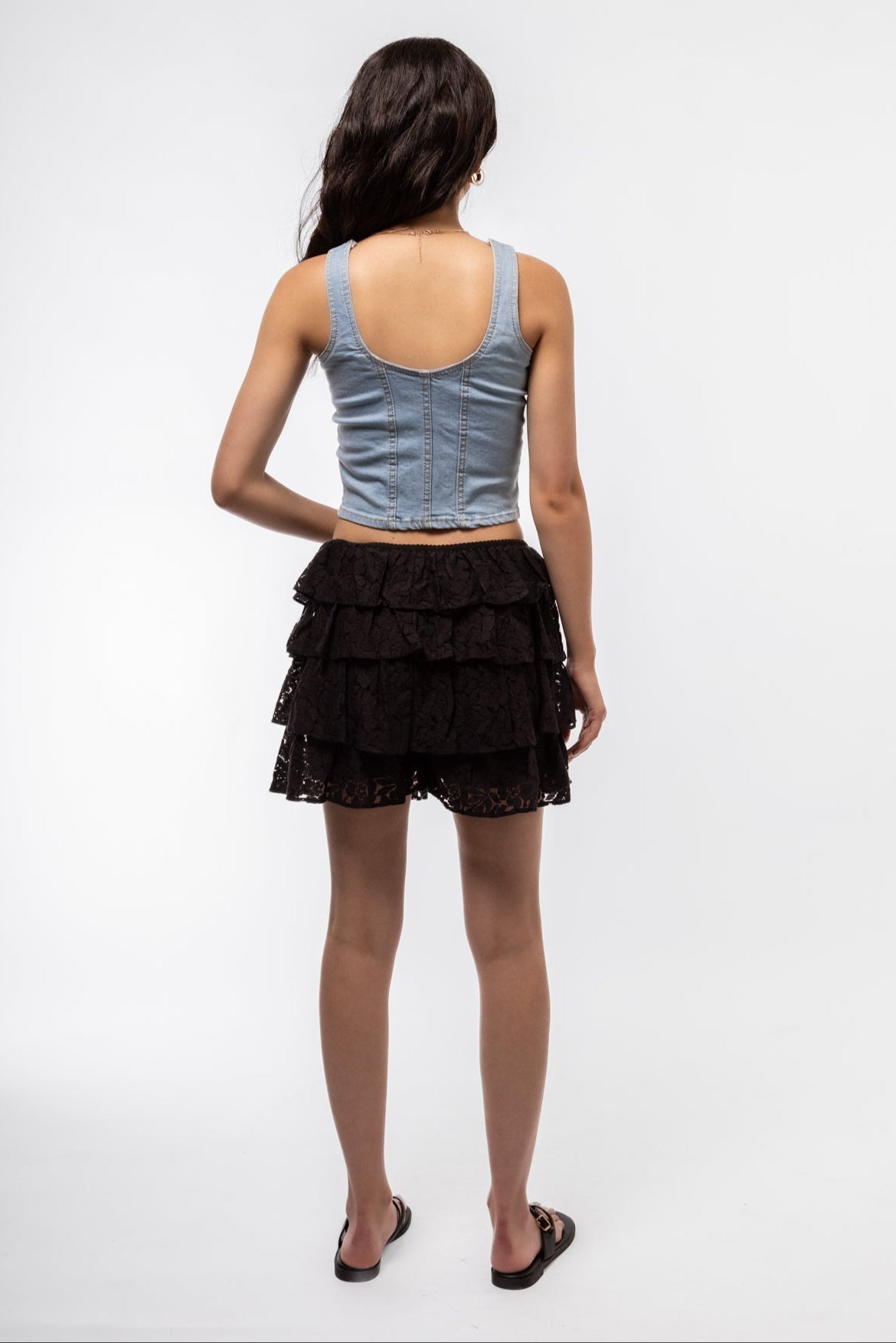 Square neck denim zip top rear view with clean stitching and medium wash finish.