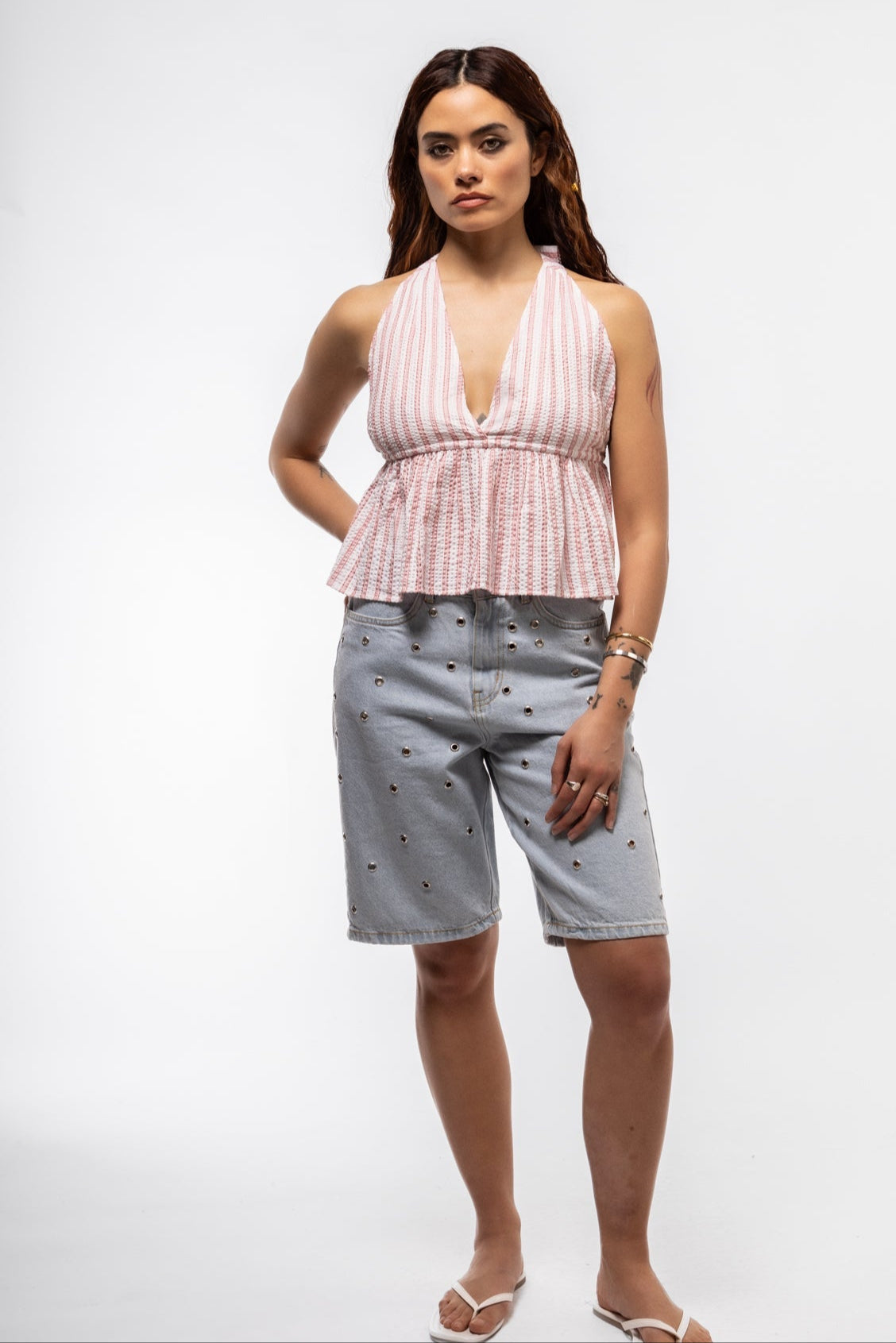 Striped halter peplum crop top - front view