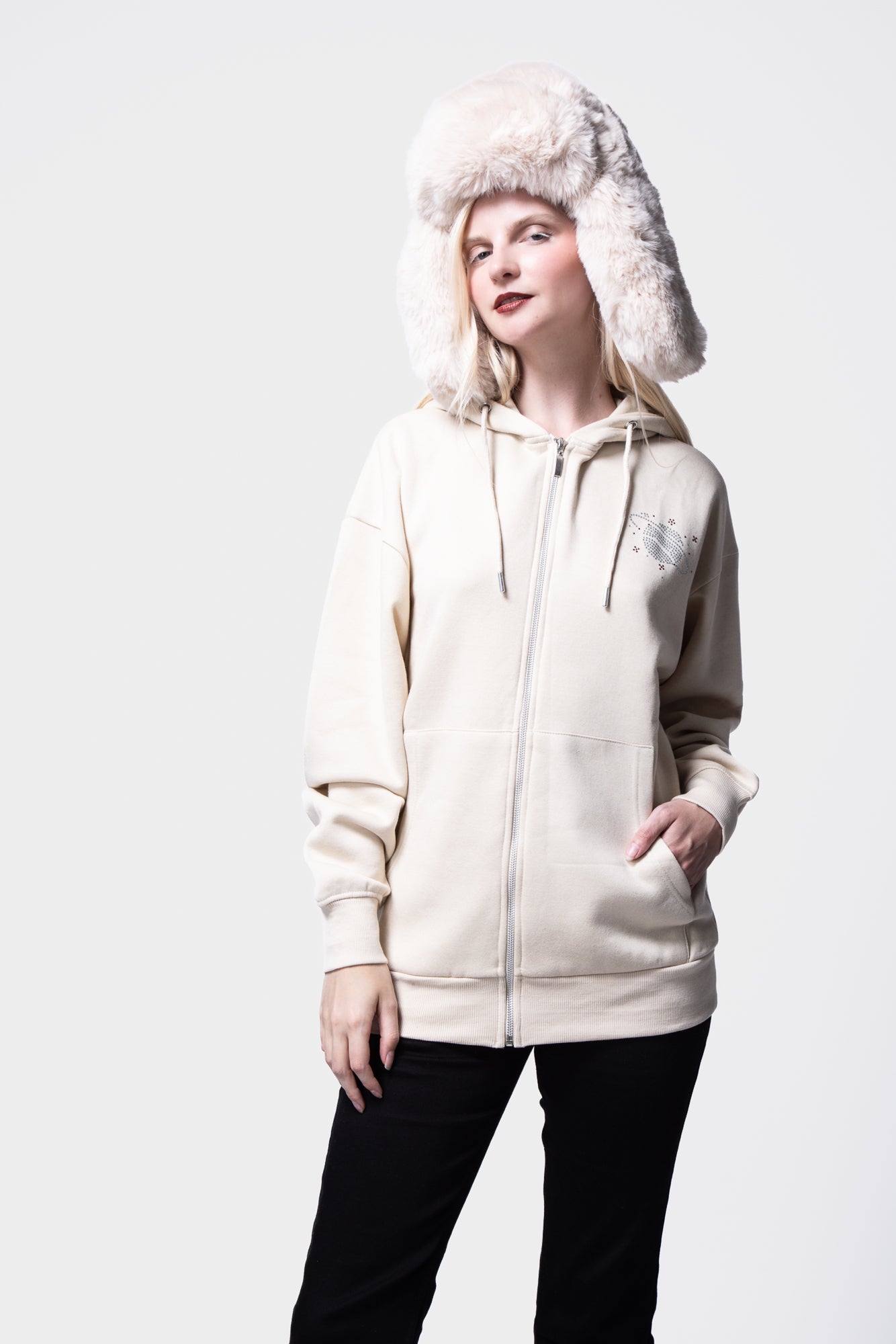 Rhinestone Embellished Long Sleeve Hooded Zip-Up Sweatshirt SILKROAD DAUGHTERS