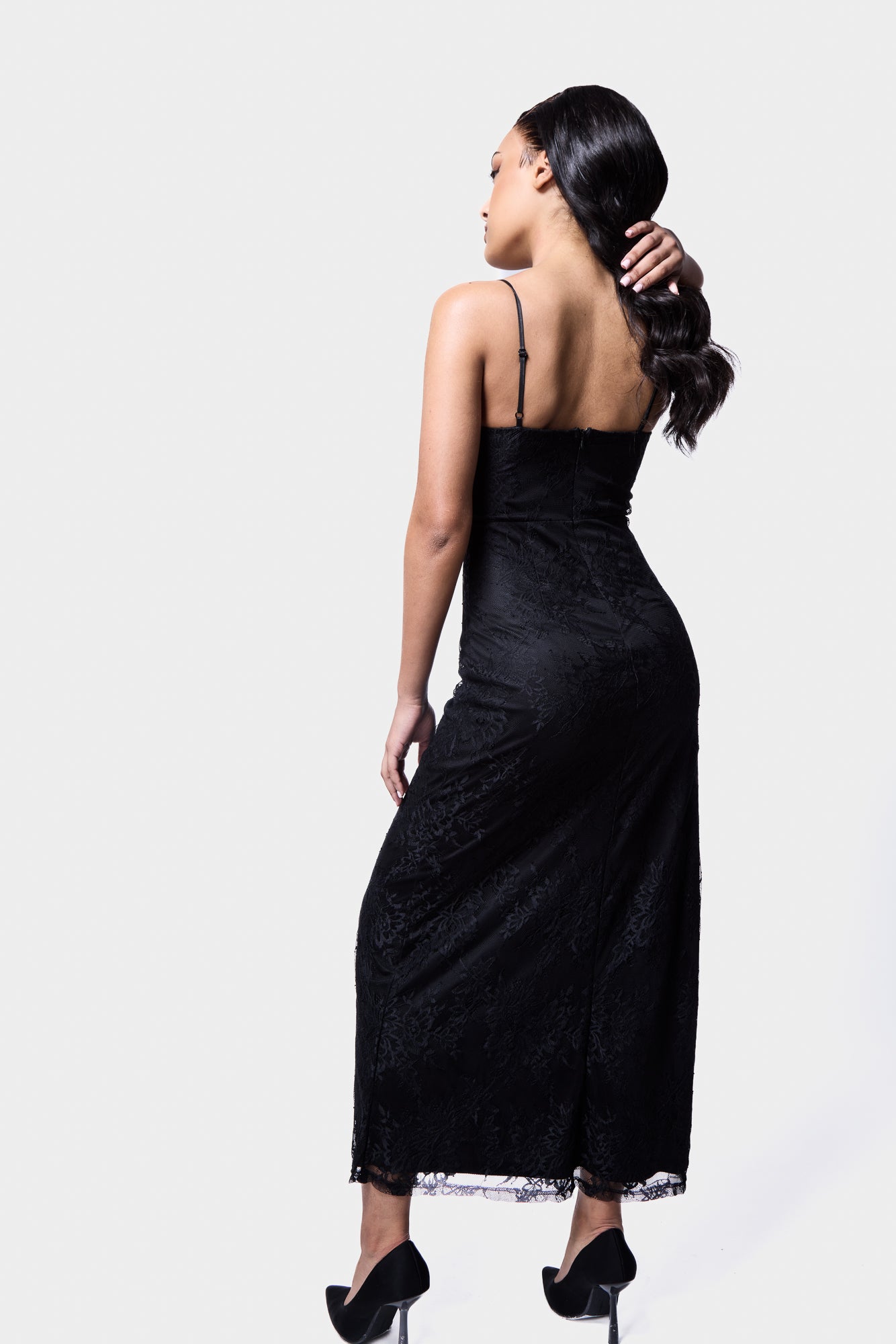 Stylish lace midi slip dress with a soft, flowing fabric and lace embellishments BACK VIEW