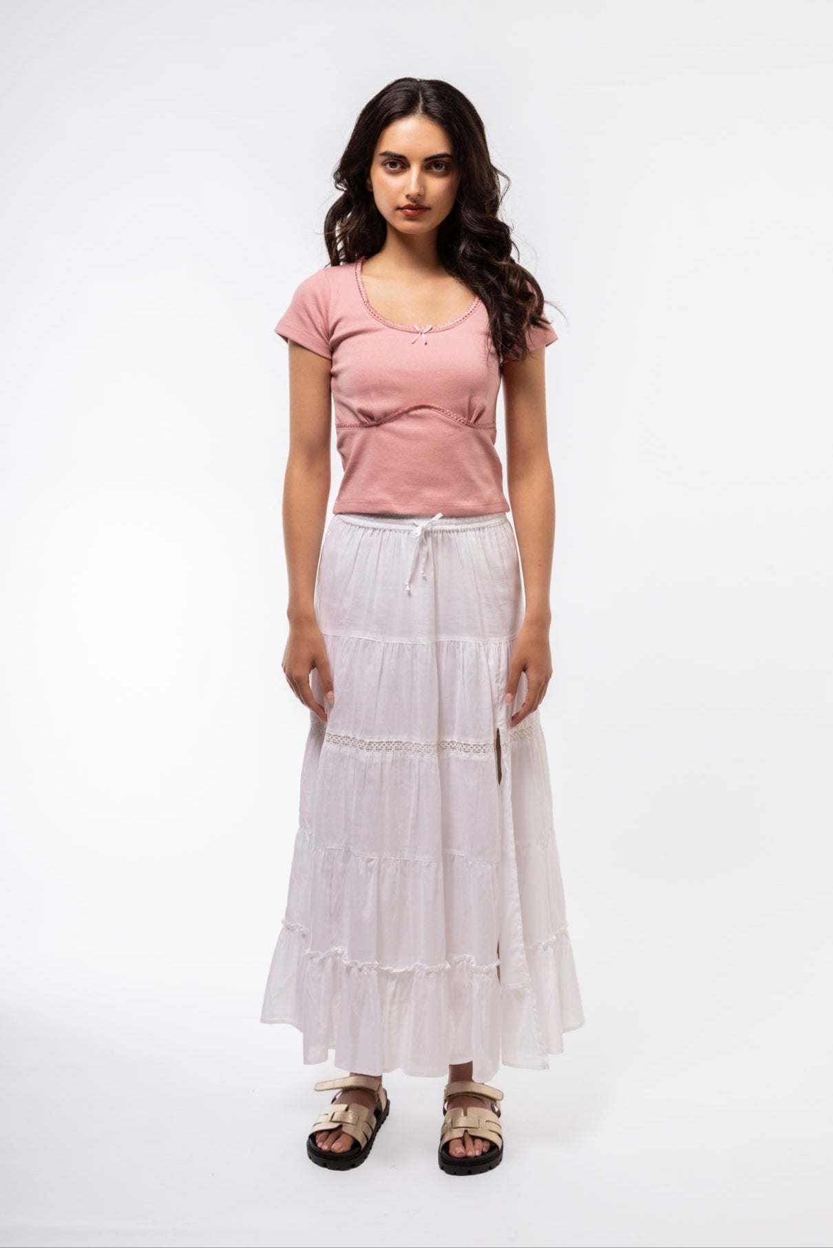 White boho skirt front shot showcasing tiered layers and lightweight cotton material