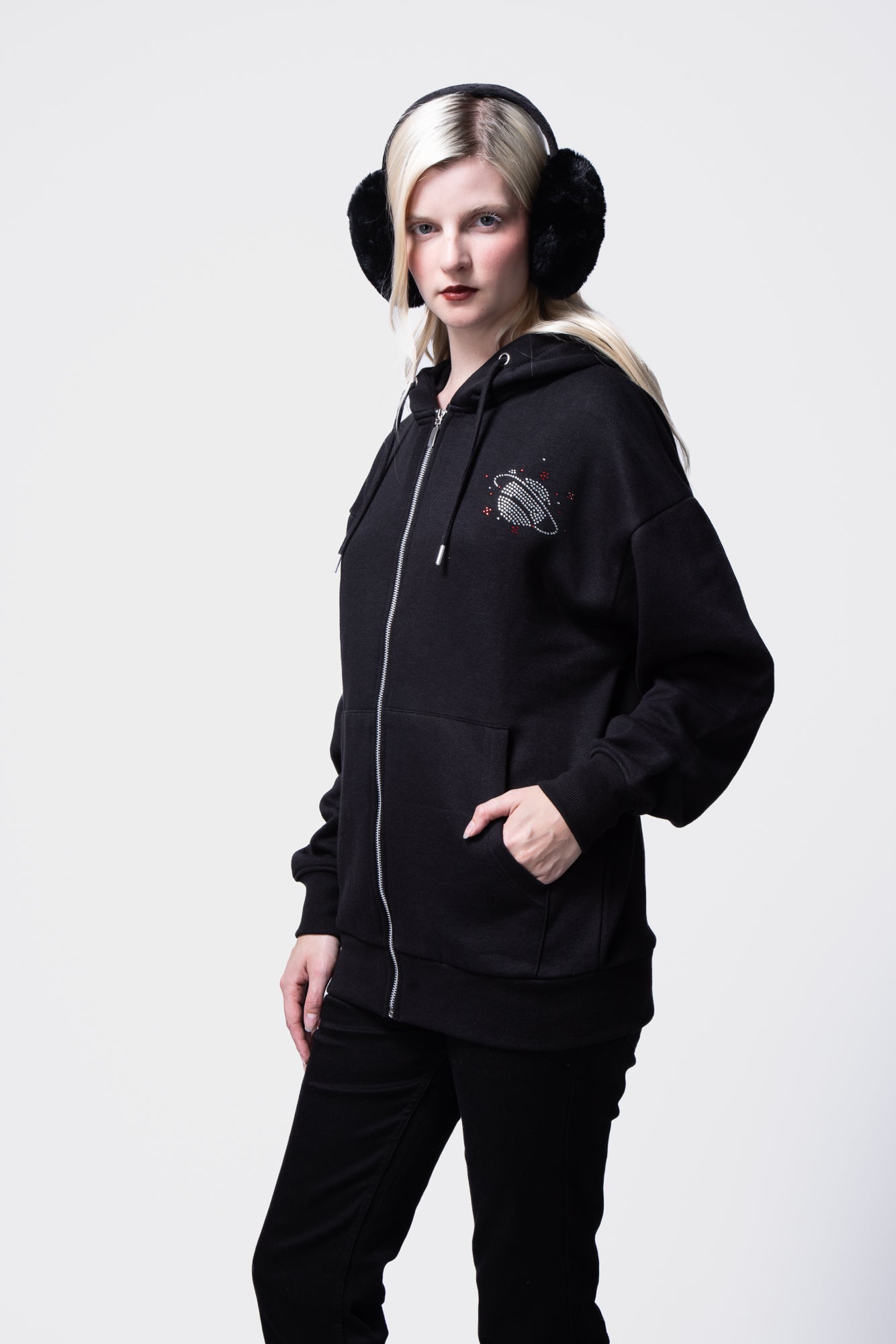 Rhinestone Embellished Long Sleeve Hooded Zip-Up Sweatshirt SILKROAD DAUGHTERS