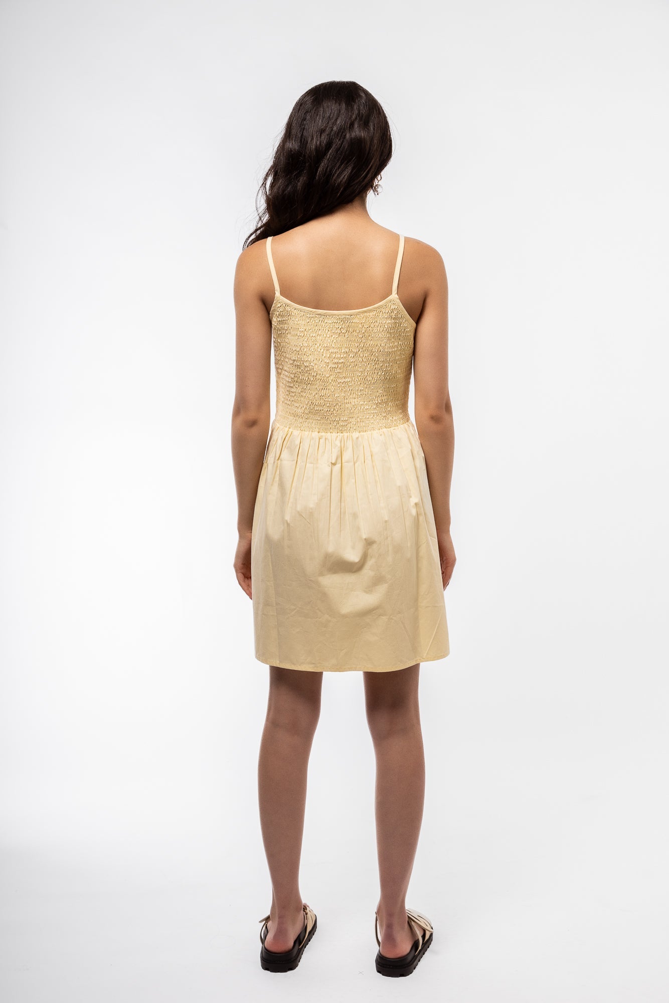 back view of the yellow shirring v mini dress