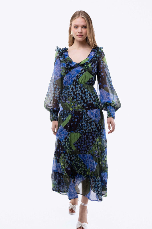 Balloon Sleeve Tiered Midi Dress, Sleeve Floral Mid Dress