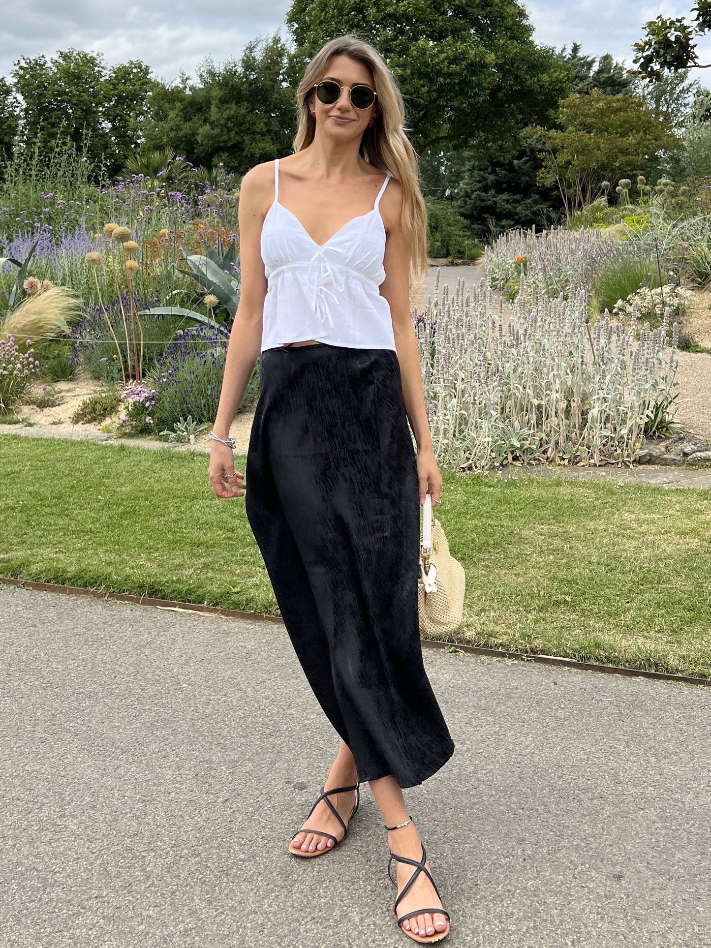 front view of the black jacquard midi skirt