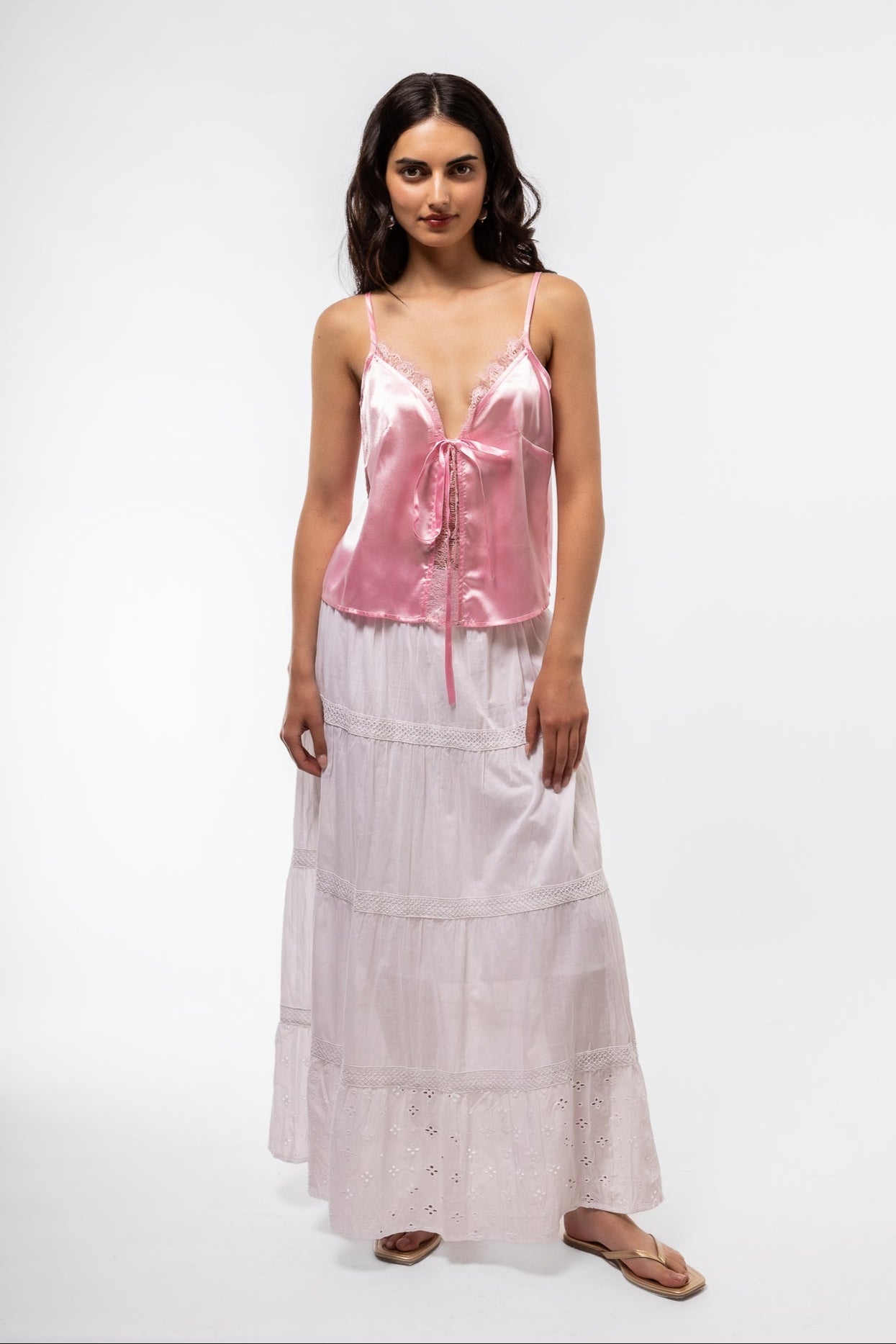 front view of the white tiered boho skirt in white