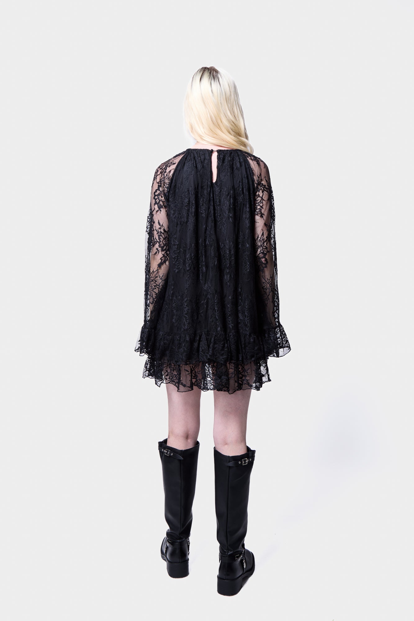 lack Lace Mini Dress with Long Sleeves and Ruffles – back view detail