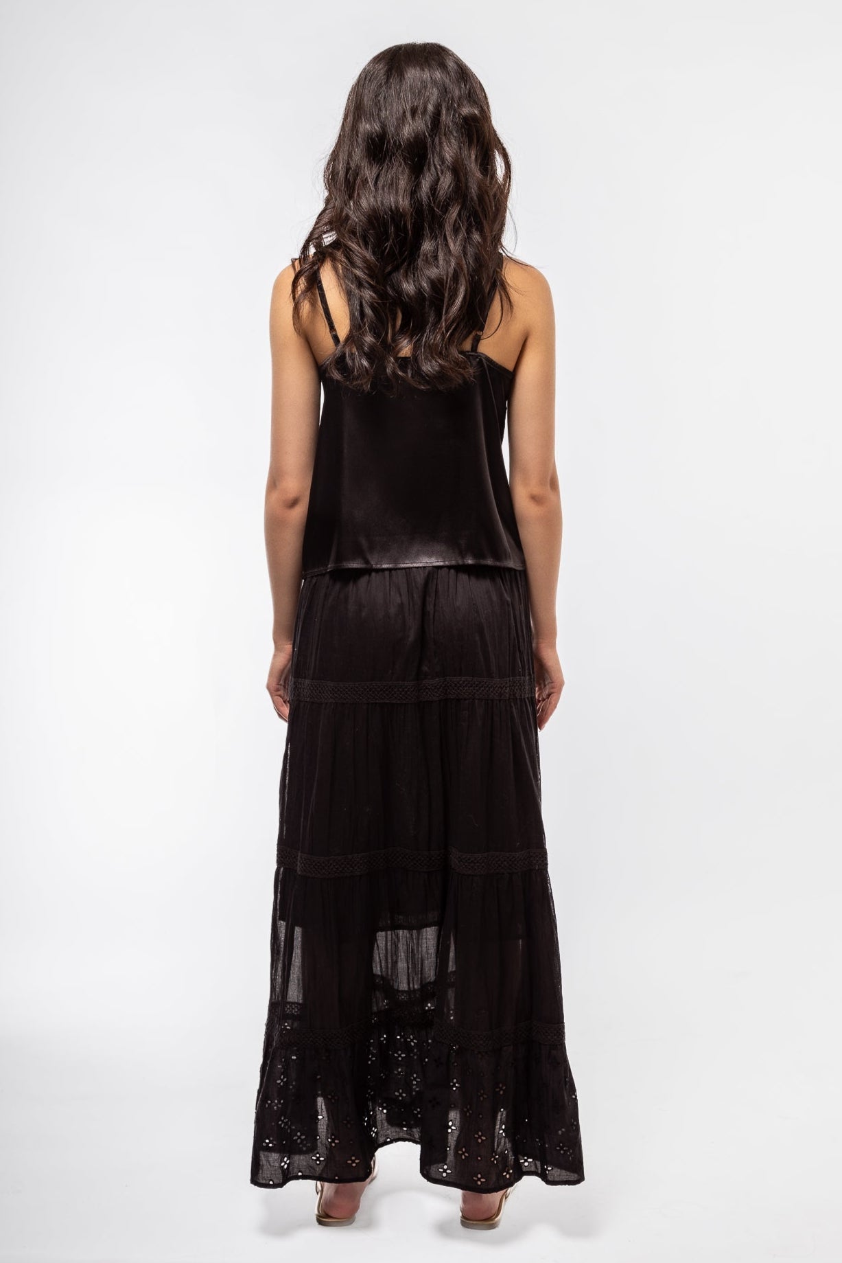 back view of the black tiered boho skirt in black
