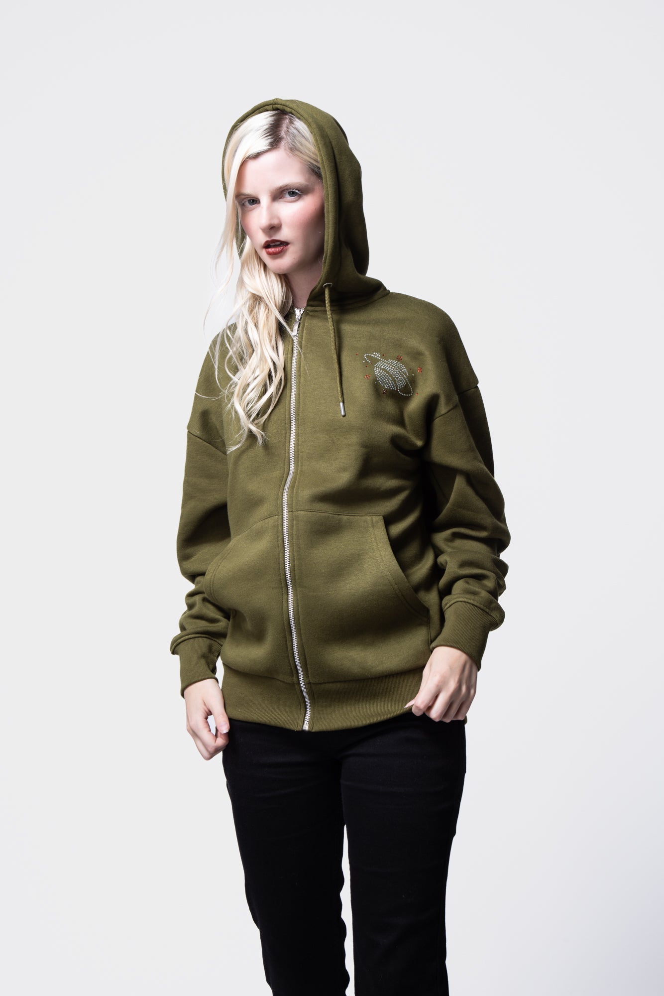 Rhinestone Embellished Long Sleeve Hooded Zip-Up Sweatshirt SILKROAD DAUGHTERS