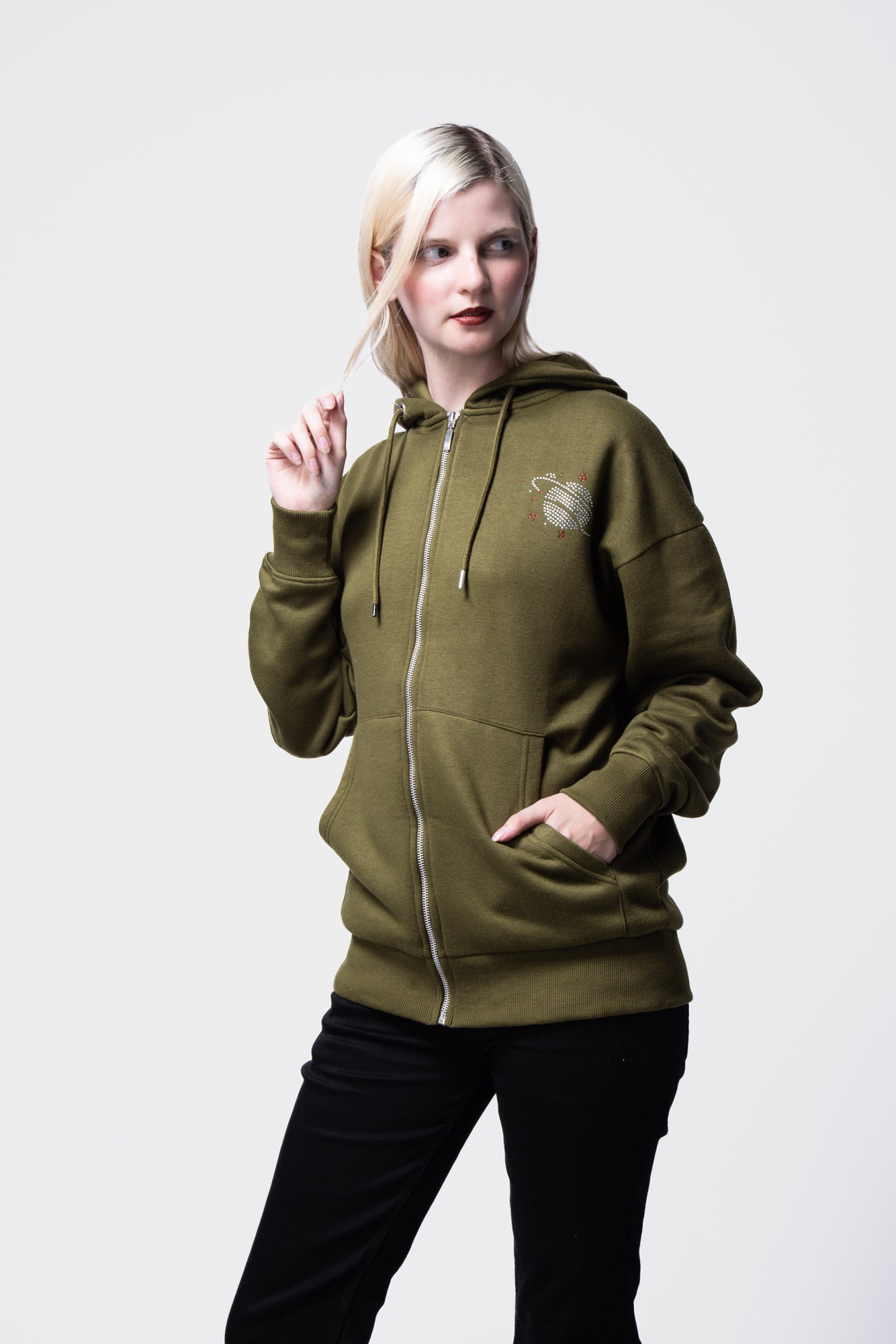 Rhinestone Embellished Long Sleeve Hooded Zip-Up Sweatshirt SILKROAD DAUGHTERS