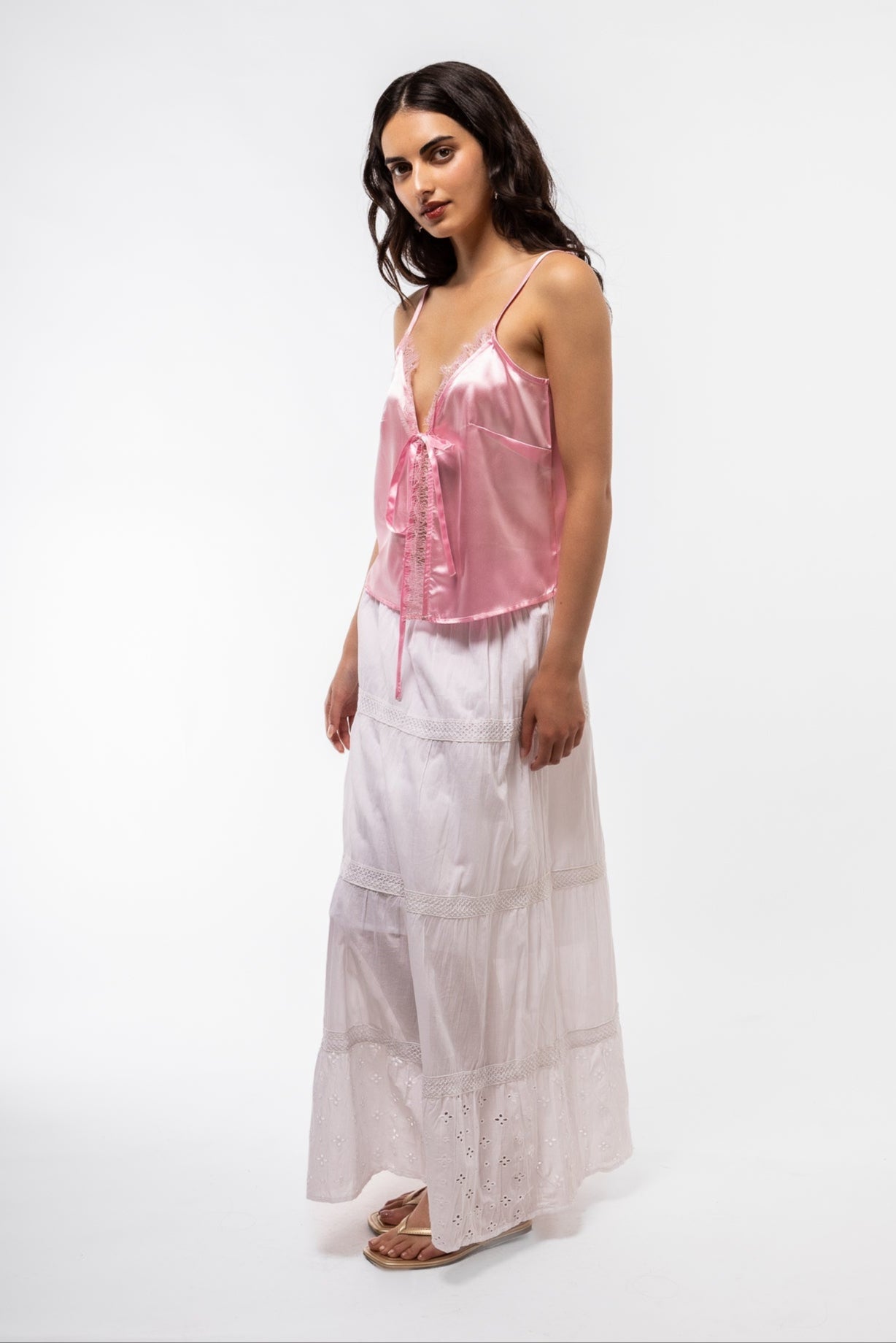 side profile image of the white tiered boho skirt