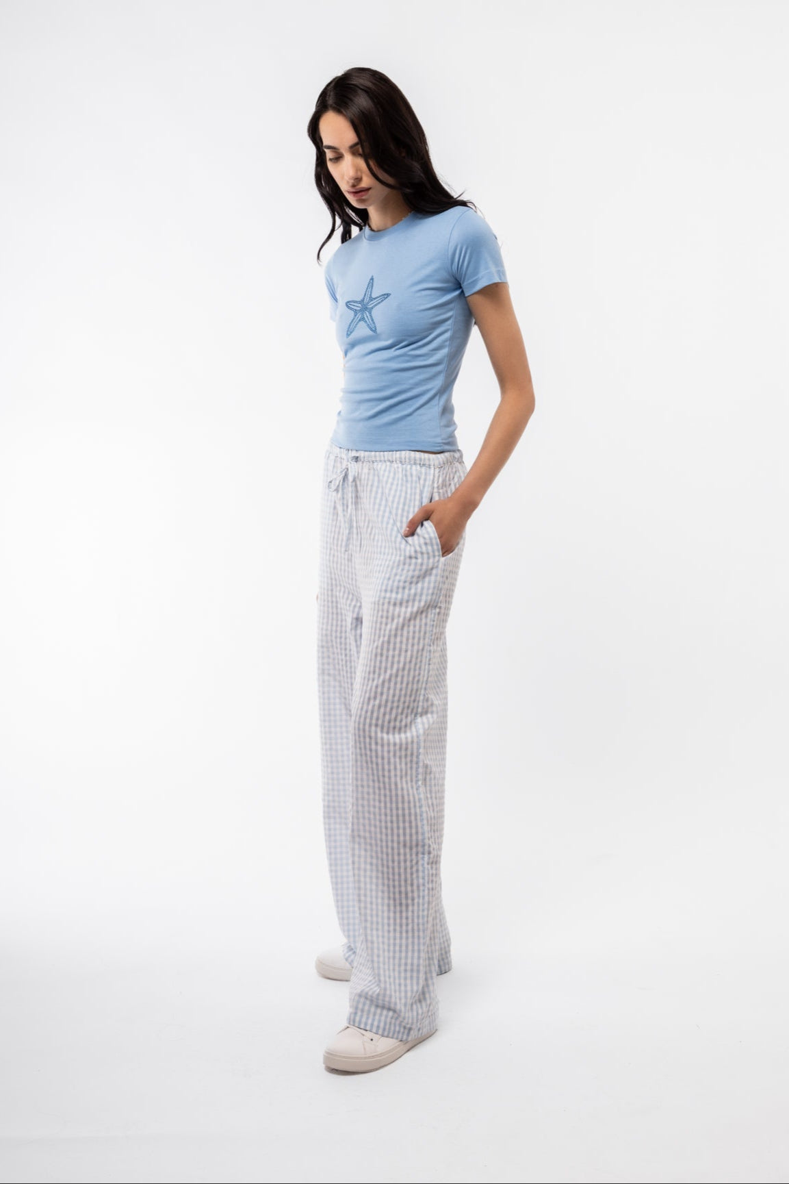 side profile of the gingham wide leg trousers