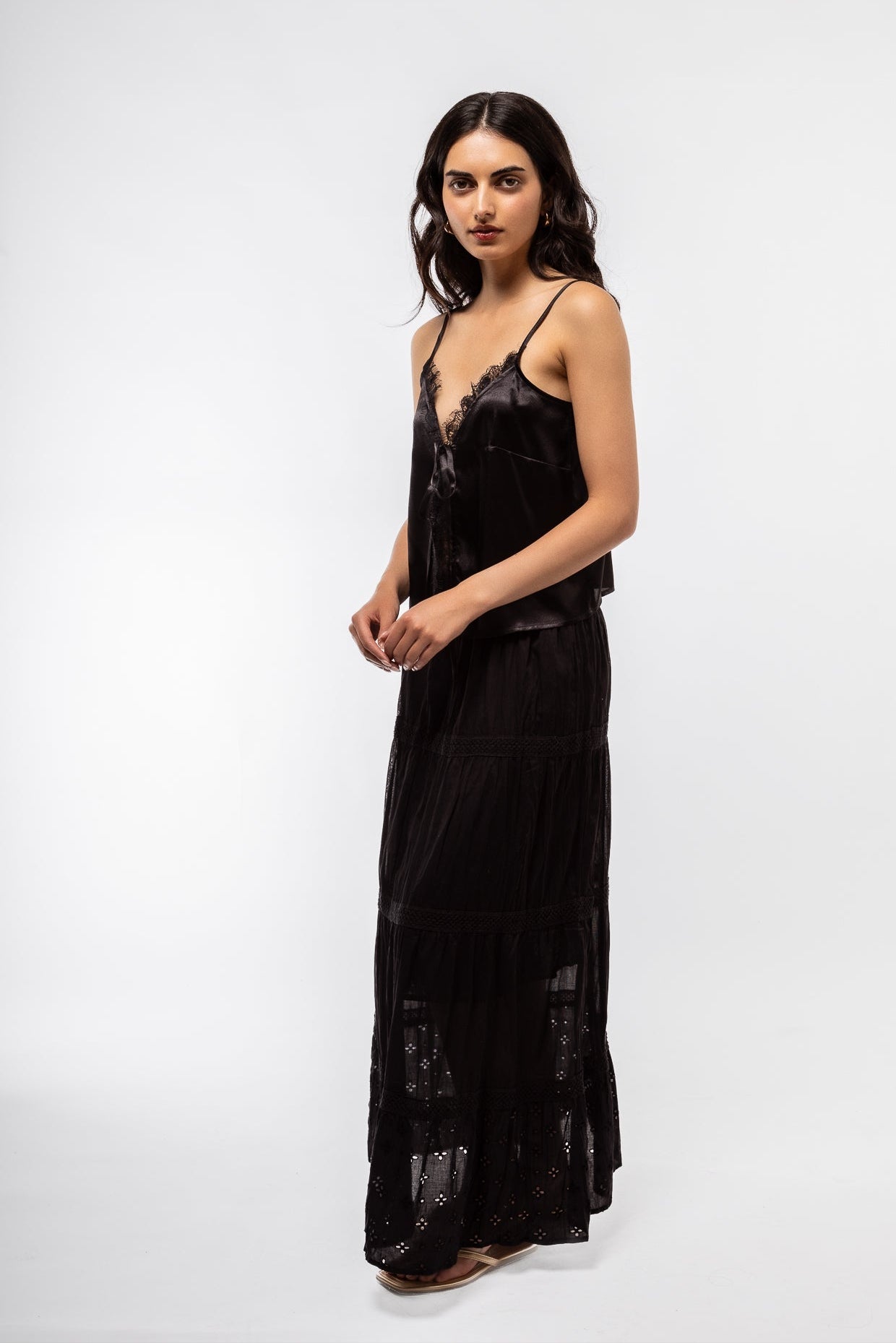 side view of the tiered boho skirt in black