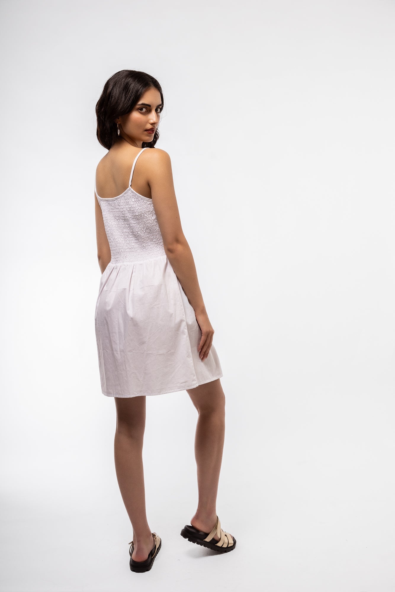 side view of the white shirring v cami dress