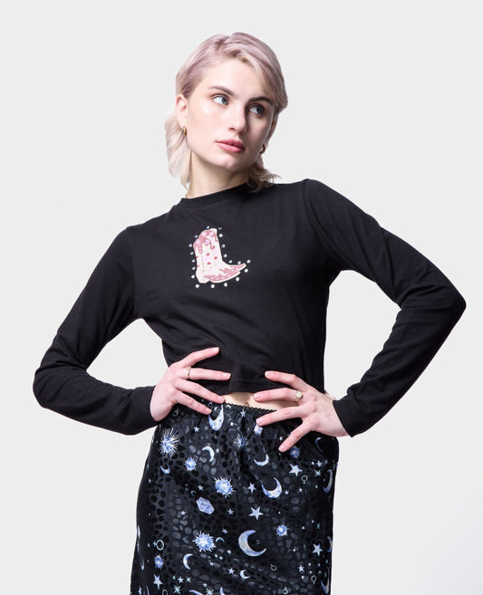 Western cowboy boot graphic on a black long-sleeve tee from Silkroad Daughters